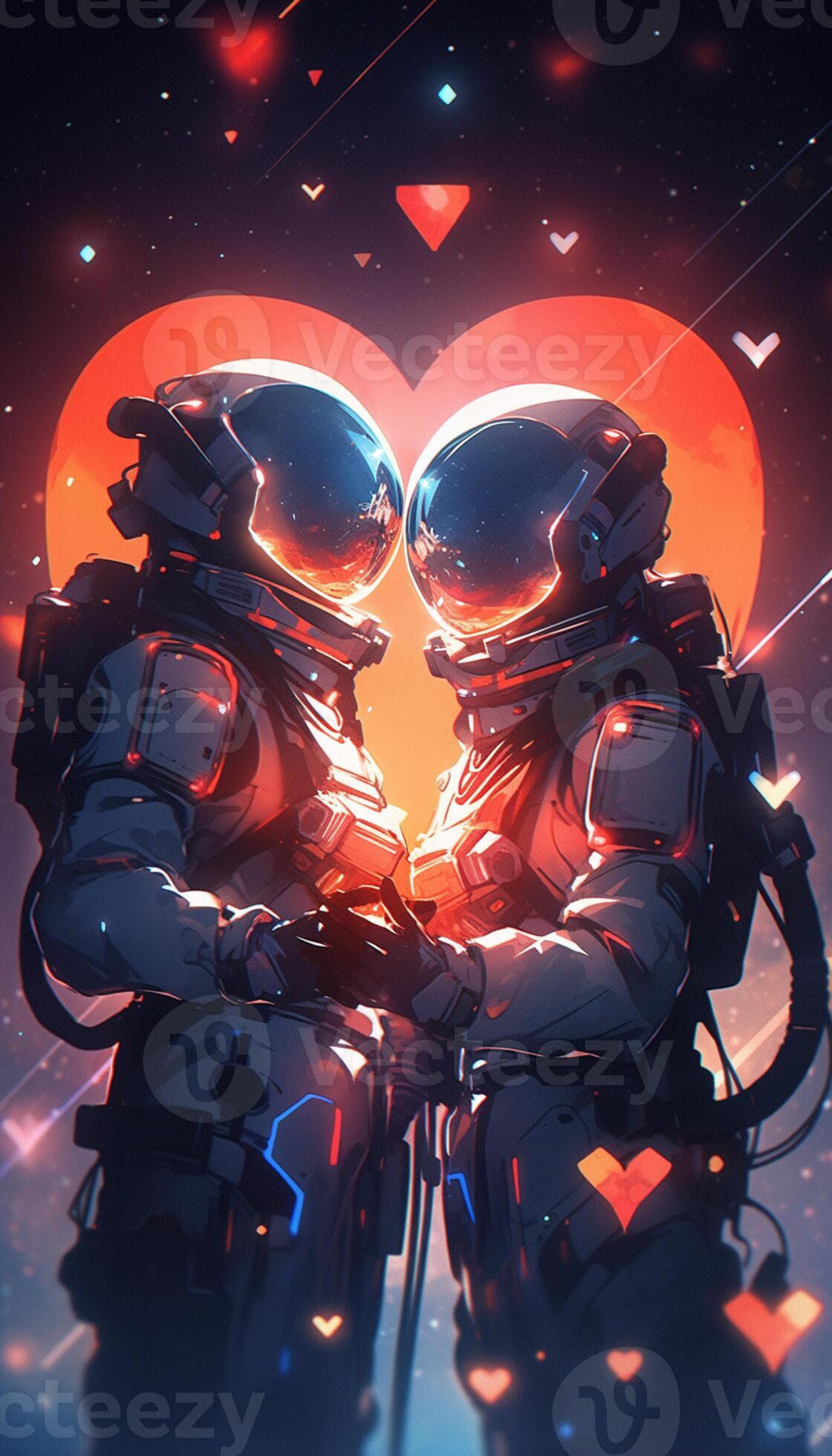 astronauts in space with heart shaped background. generative ai