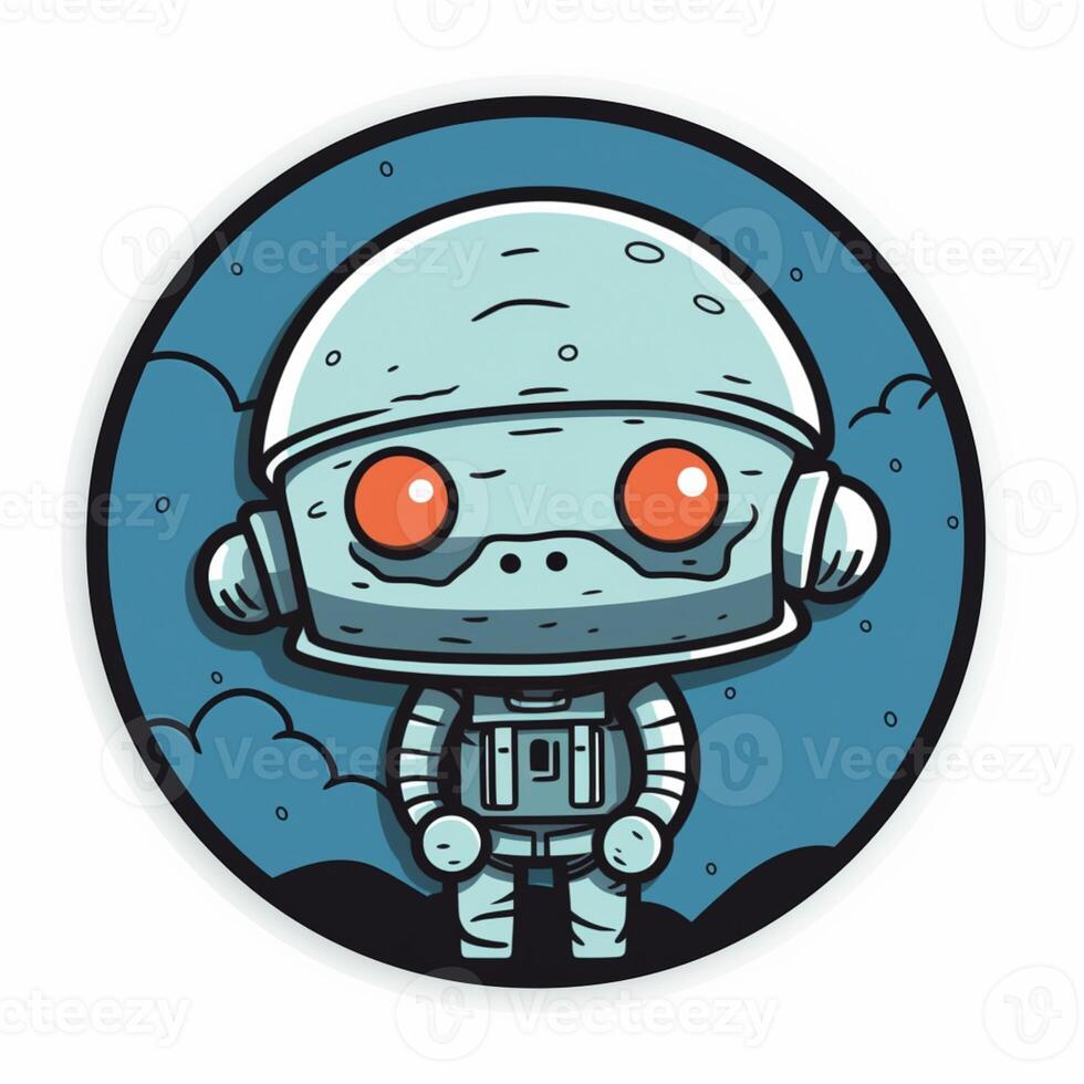 cartoon robot in space suit with red eyes and a round background