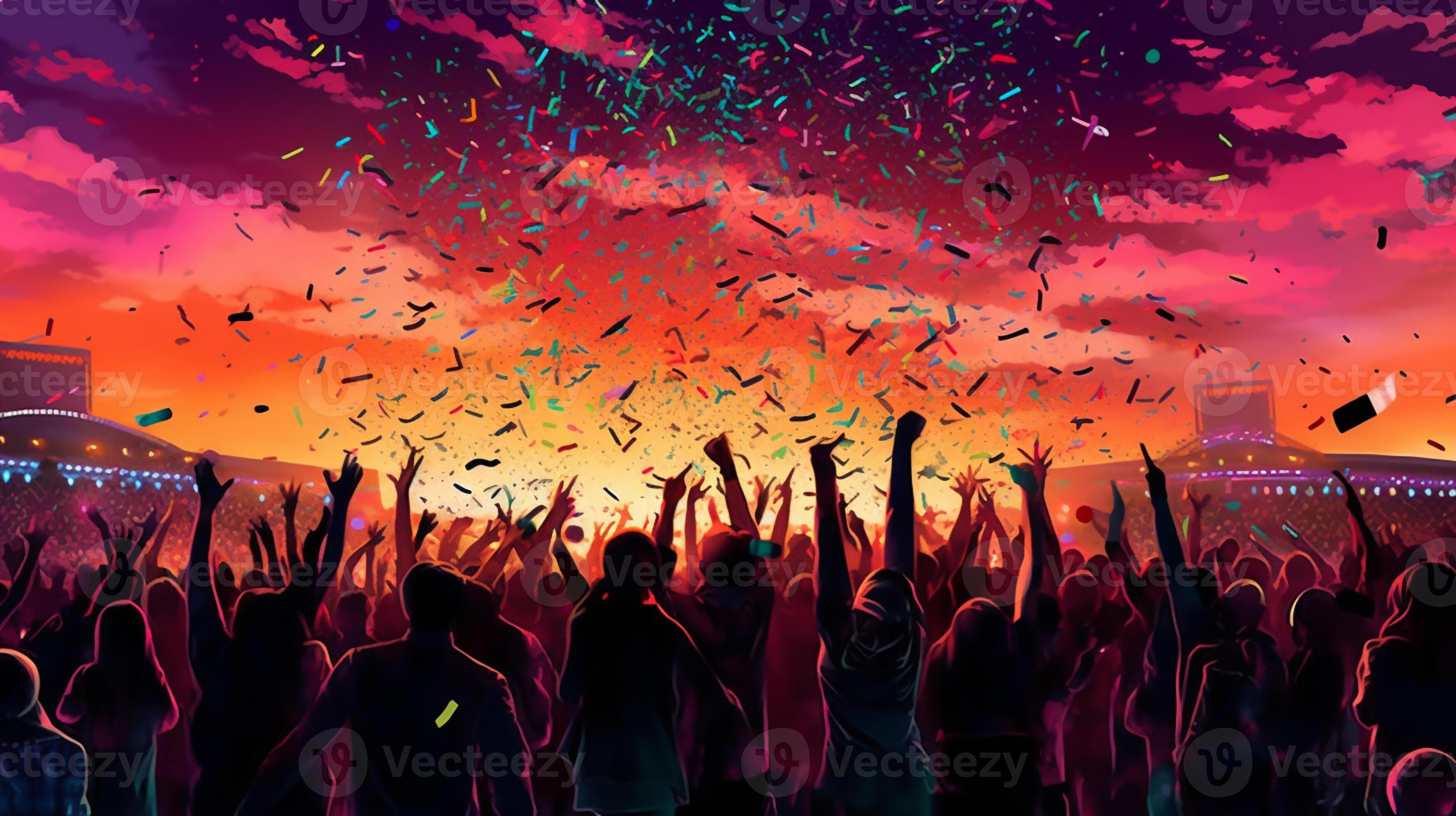 people are standing in front of a crowd with confetti falling from the