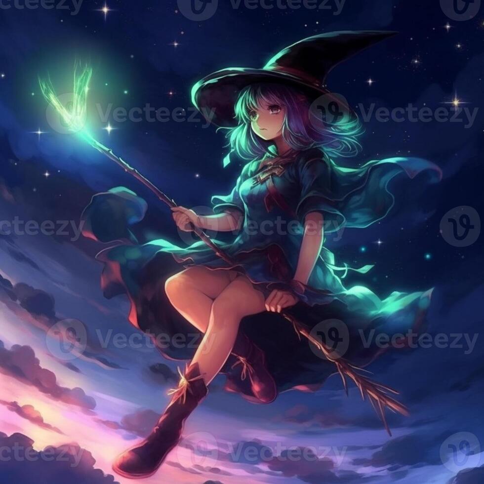 Premium Photo  Anime girl with a wand and a hat flying through the sky  generative ai