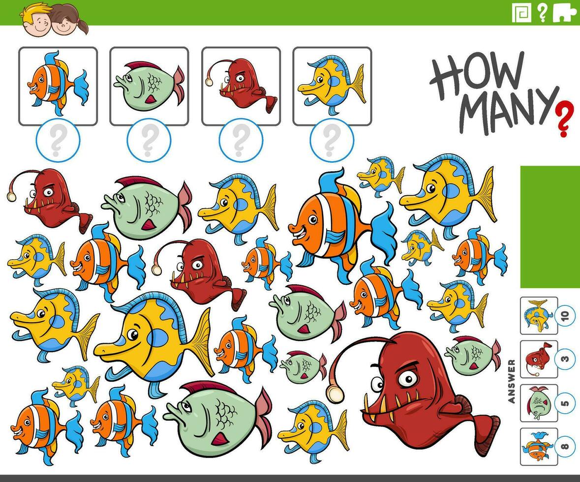 how many cartoon fish animal characters counting game vector
