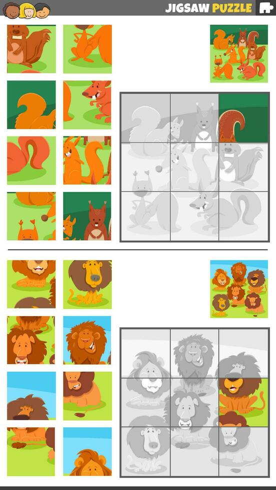 jigsaw puzzle games set with cartoon animal characters vector