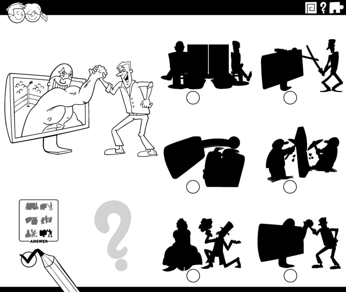 sombra juego con dibujos animados gracioso personas colorante página vector