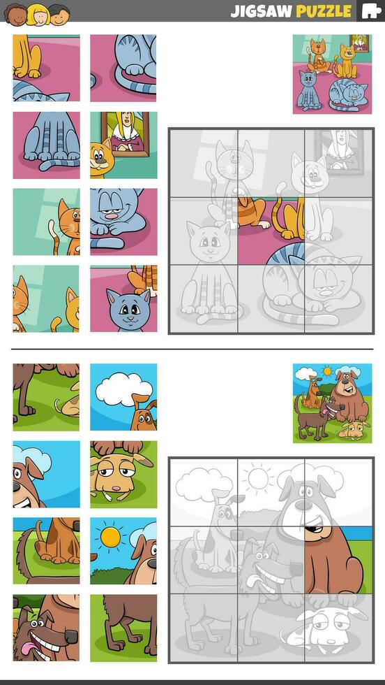 jigsaw puzzle games set with cartoon pets characters vector