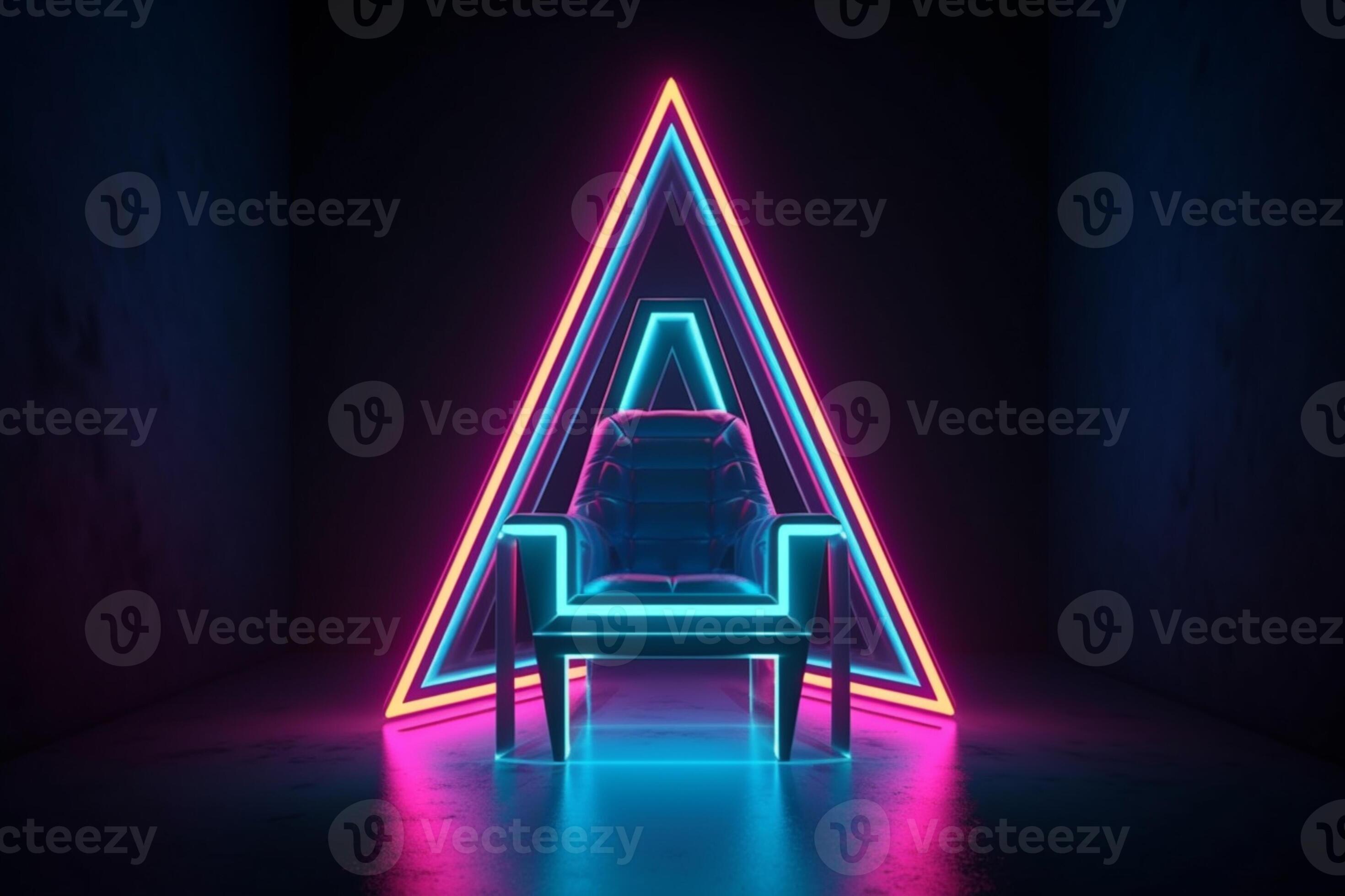 a neon chair in a dark room with a neon triangle. generative ai