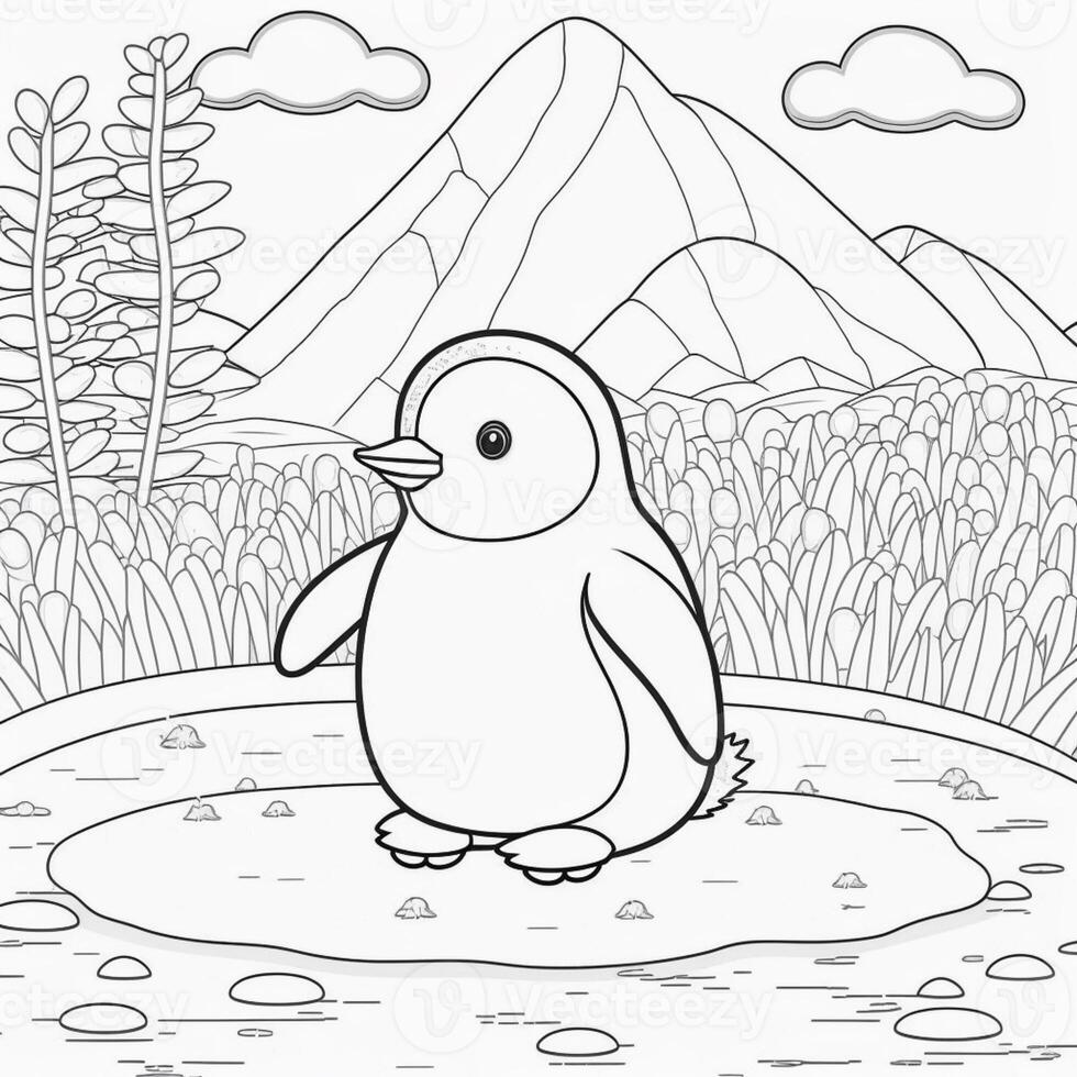 a penguin standing on a puddle of water in a field. generative ai