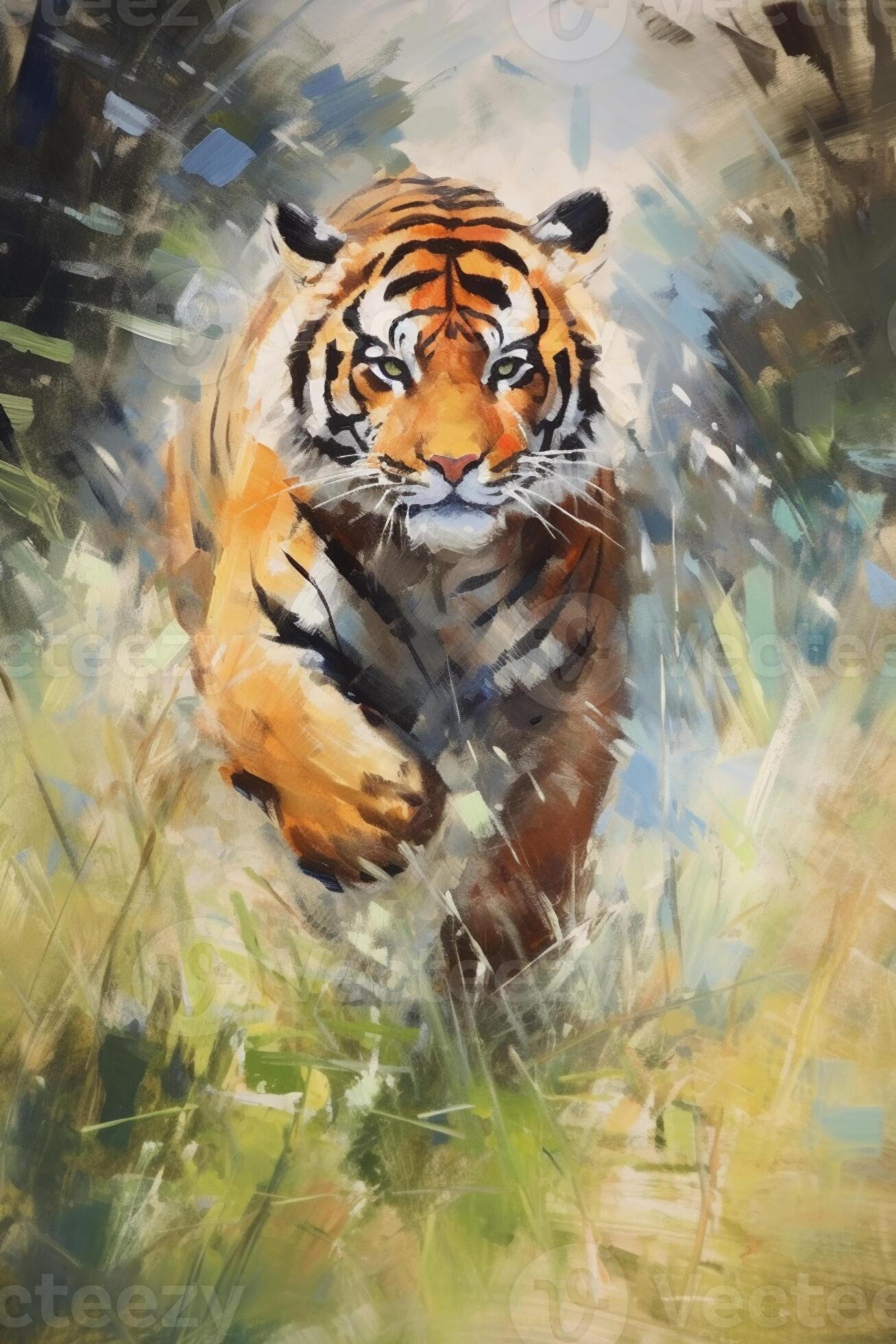 Painting of Bengal Tiger Resting in the Grass on Display at Jaipur