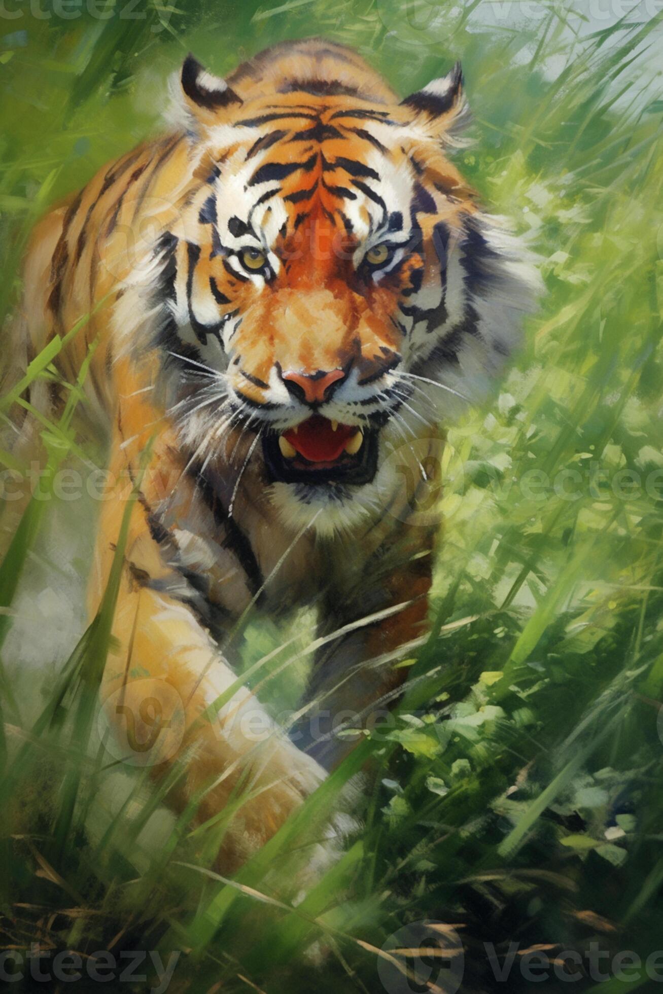 Painting of Bengal Tiger Resting in the Grass on Display at Jaipur