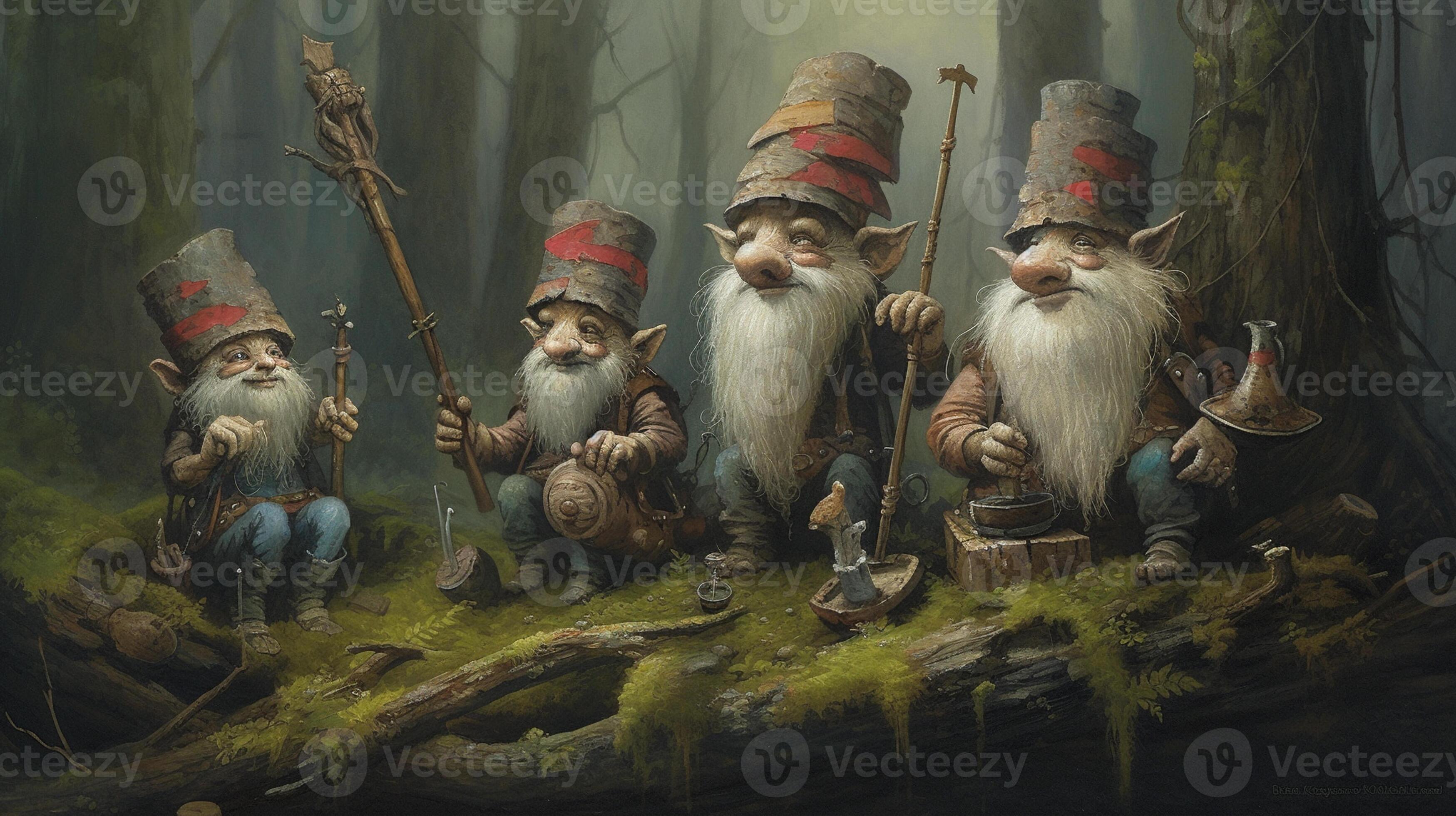 there are four gnomes sitting on a log in the woods. generative ai