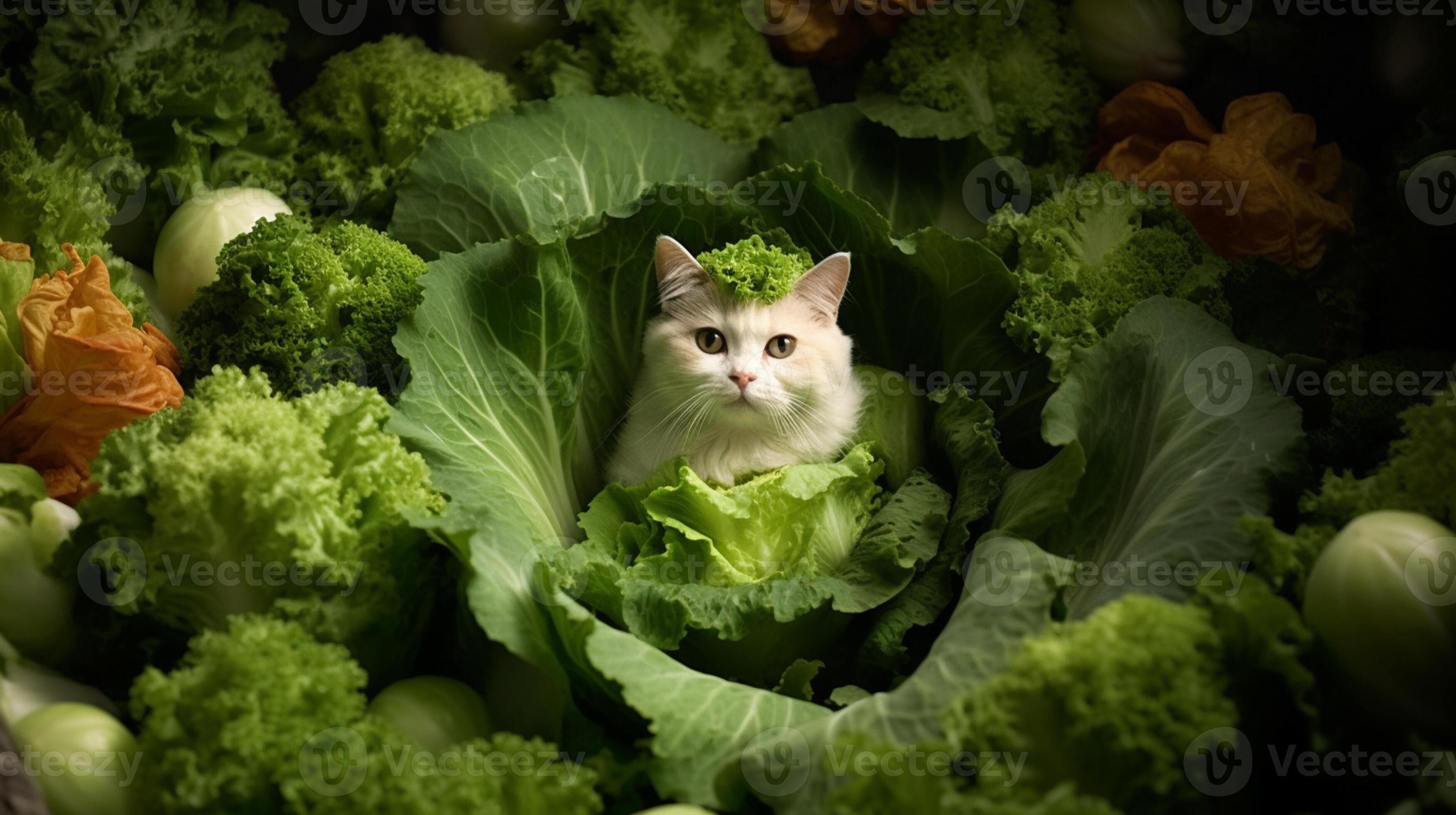 there is a cat that is sitting in a bunch of vegetables. generative ai