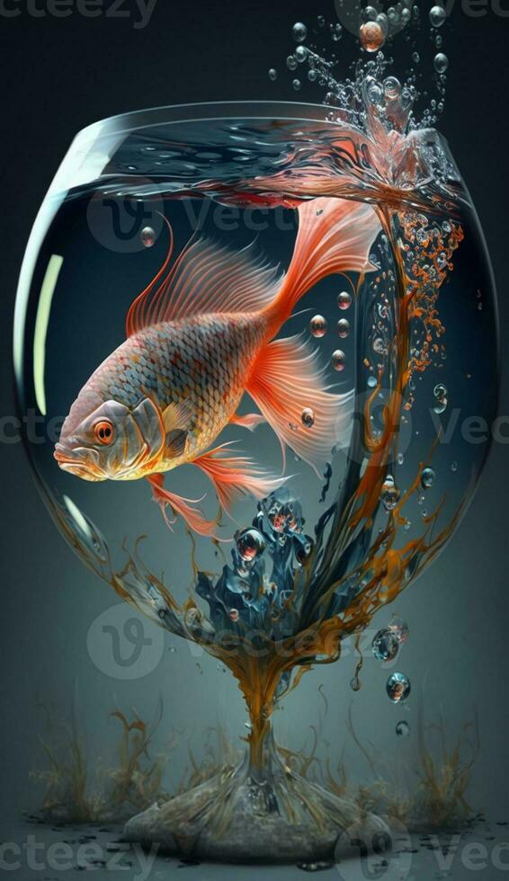 allí es un pescado en un cuenco con agua y burbujas generativo ai. foto
