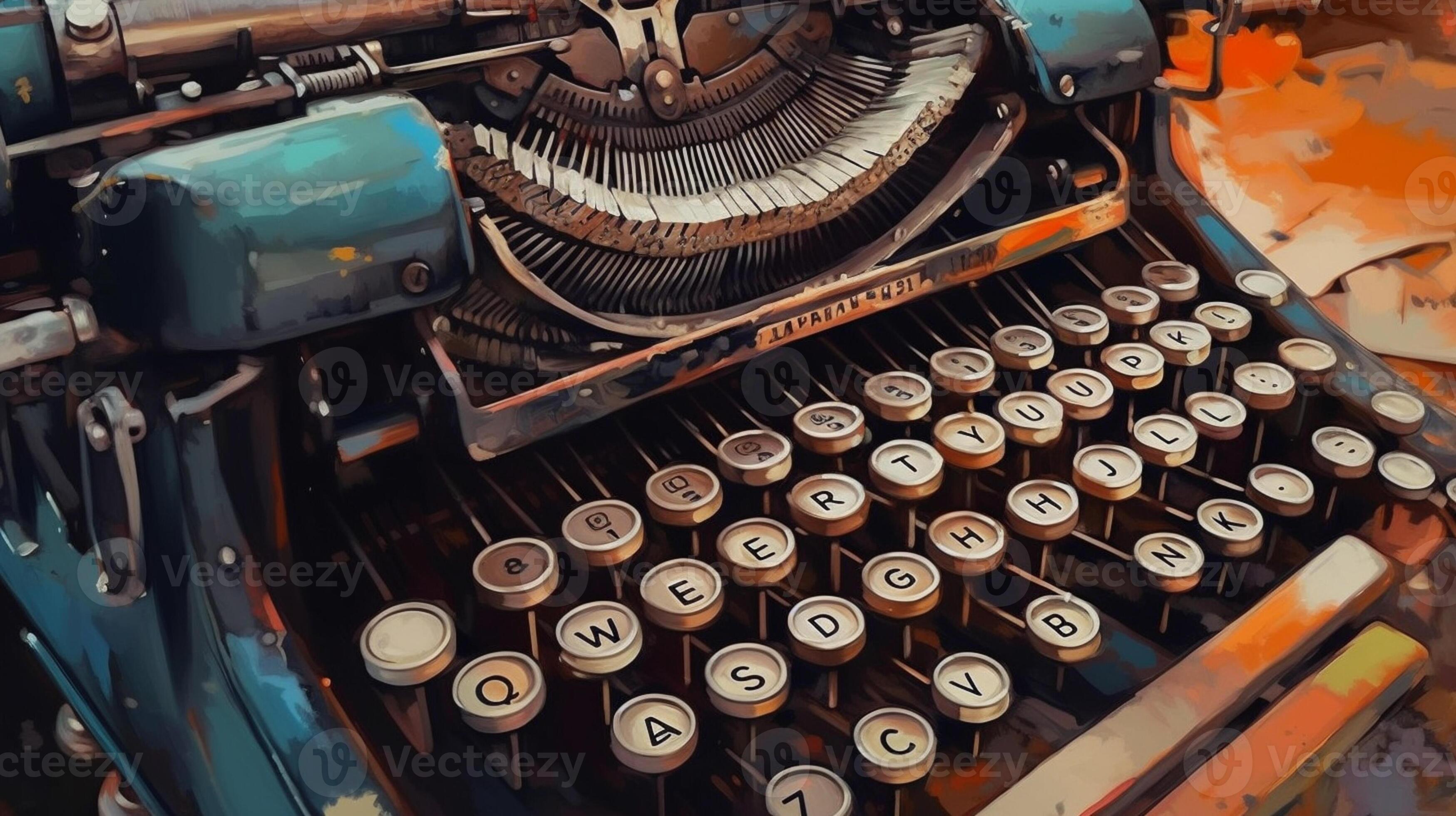 there is a painting of an old typewriter with many different