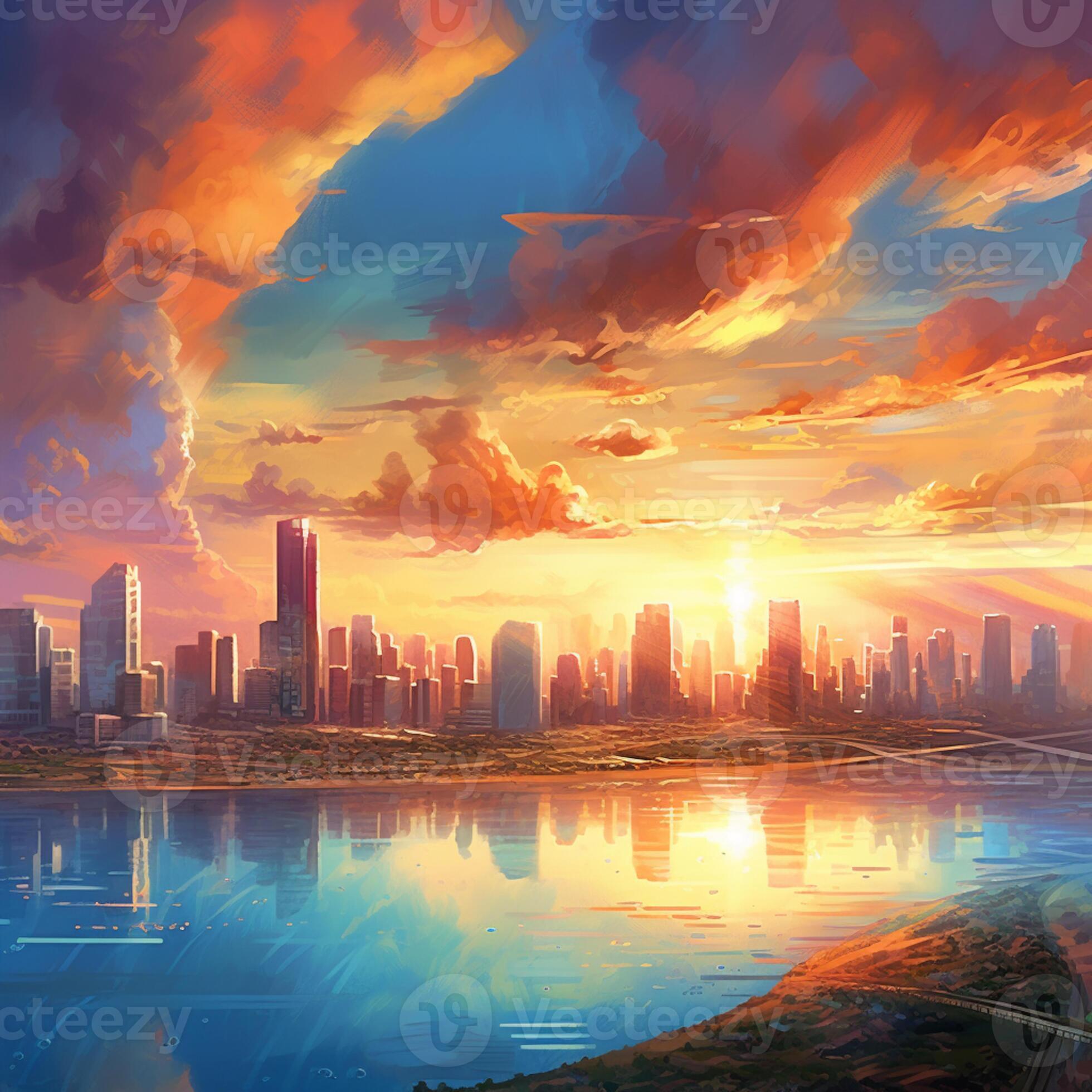 sunset from the city tower anime digital art illustration paint background  wallpaper ilustração do Stock