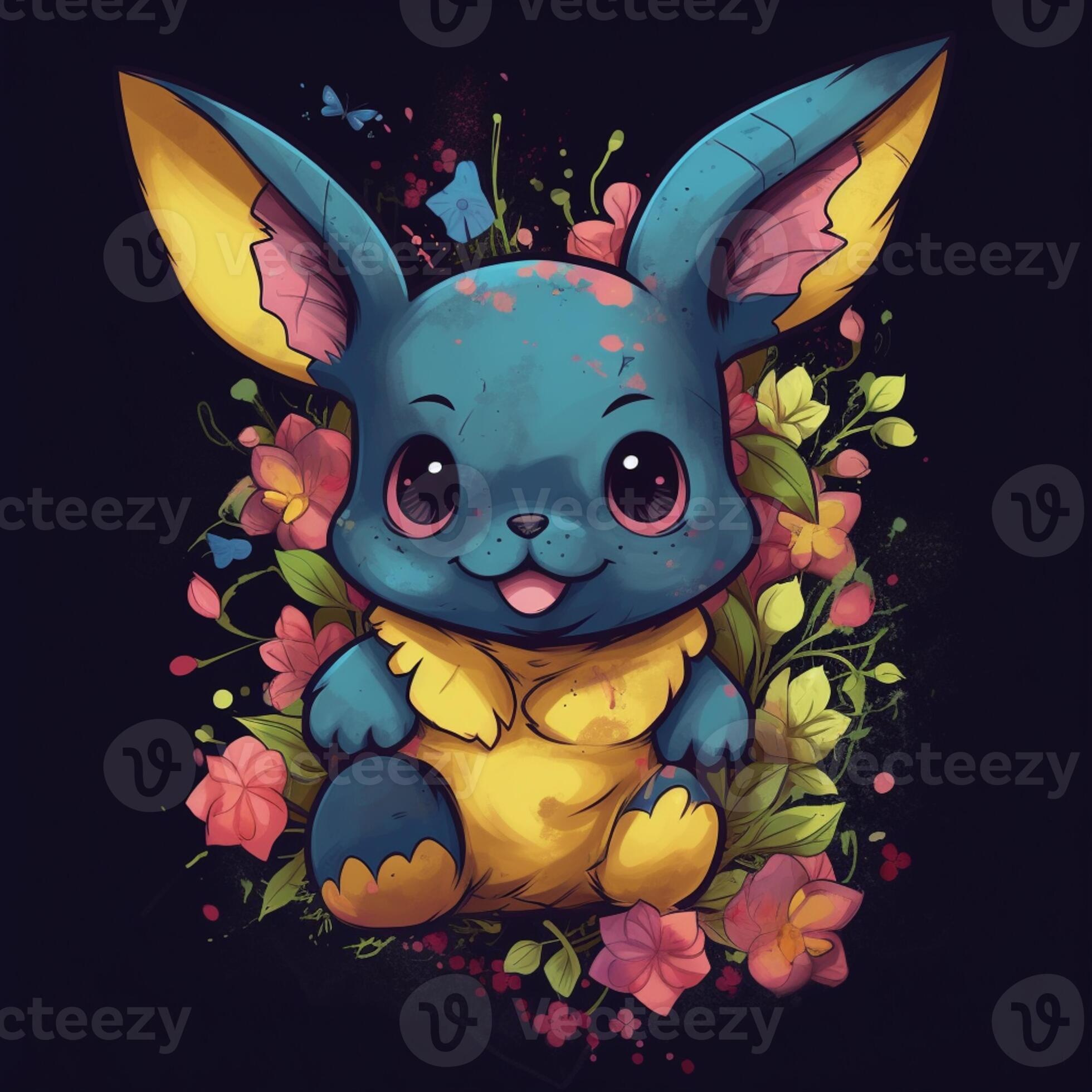 Há um pequeno pokémon azul sentado na grama com flores generativas ai