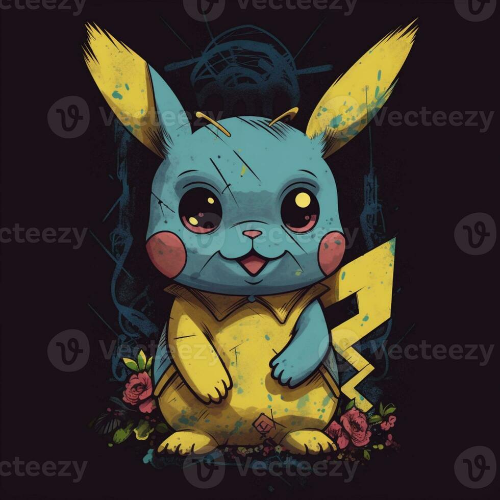 Pokémon Pikachu com uma amarelo e azul camisa e uma Preto fundo. generativo  ai. 28404991 Foto de stock no Vecteezy