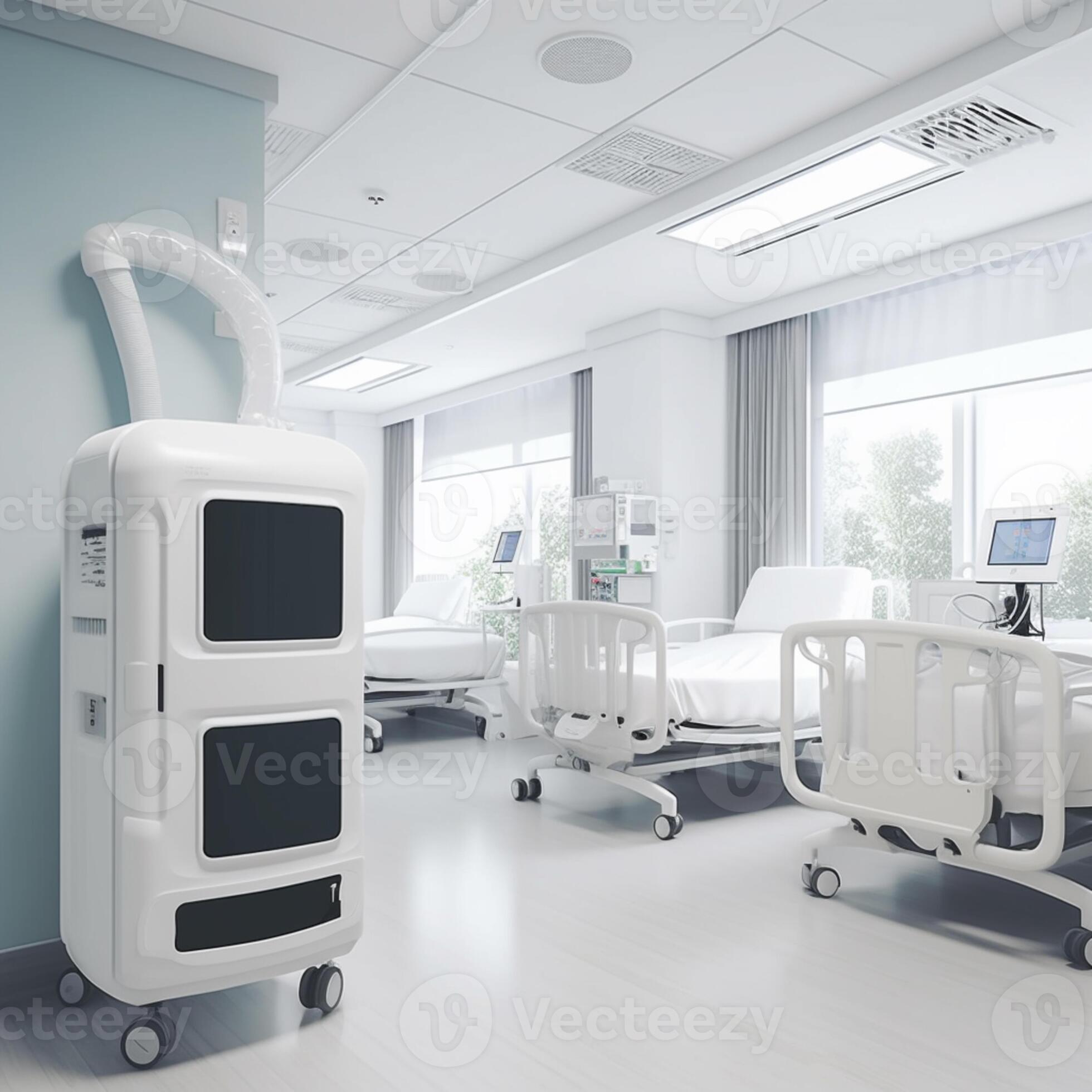 there are many hospital beds in this room with a monitor on the wall