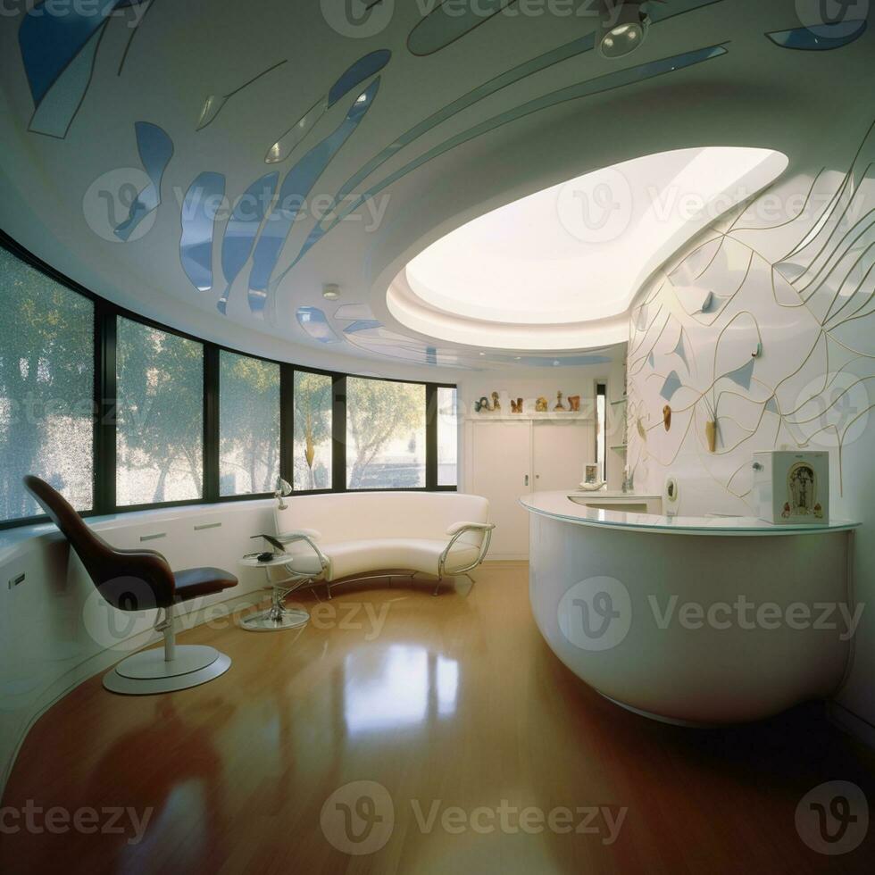 allí es un grande blanco bañera en un habitación con un circular ventana. generativo ai. foto