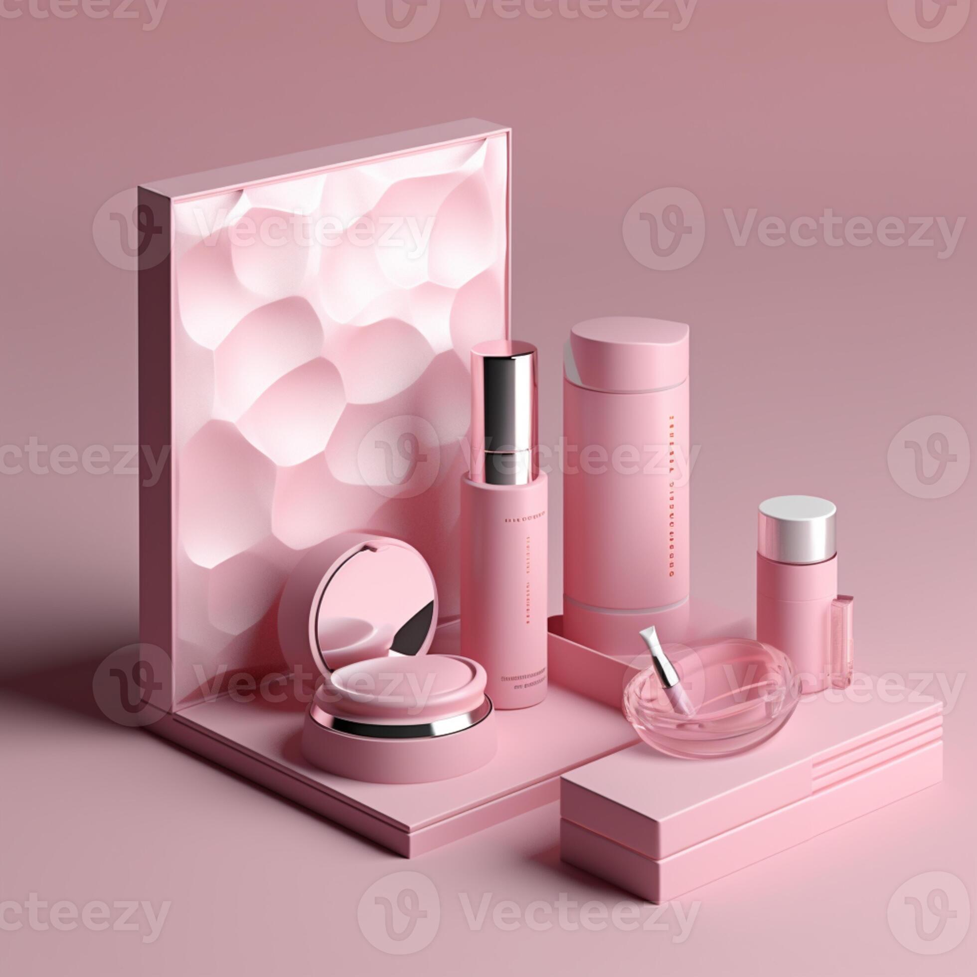a close up of a pink display case with cosmetics and a mirror
