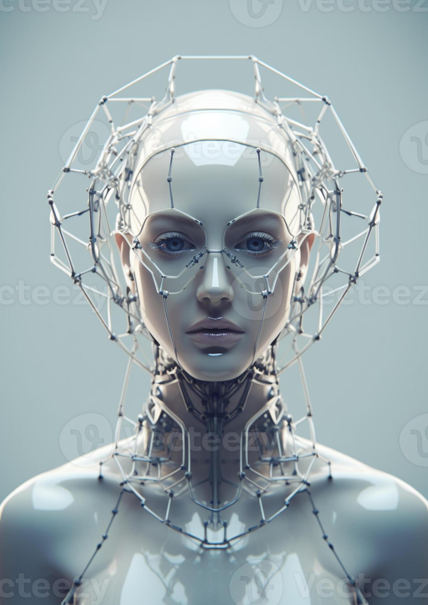 a close up of a woman with a futuristic headpiece and glasses