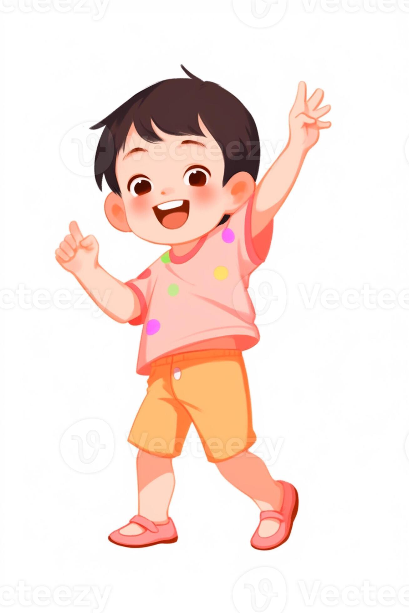 cartoon boy with a pink shirt and orange shorts waving his arms