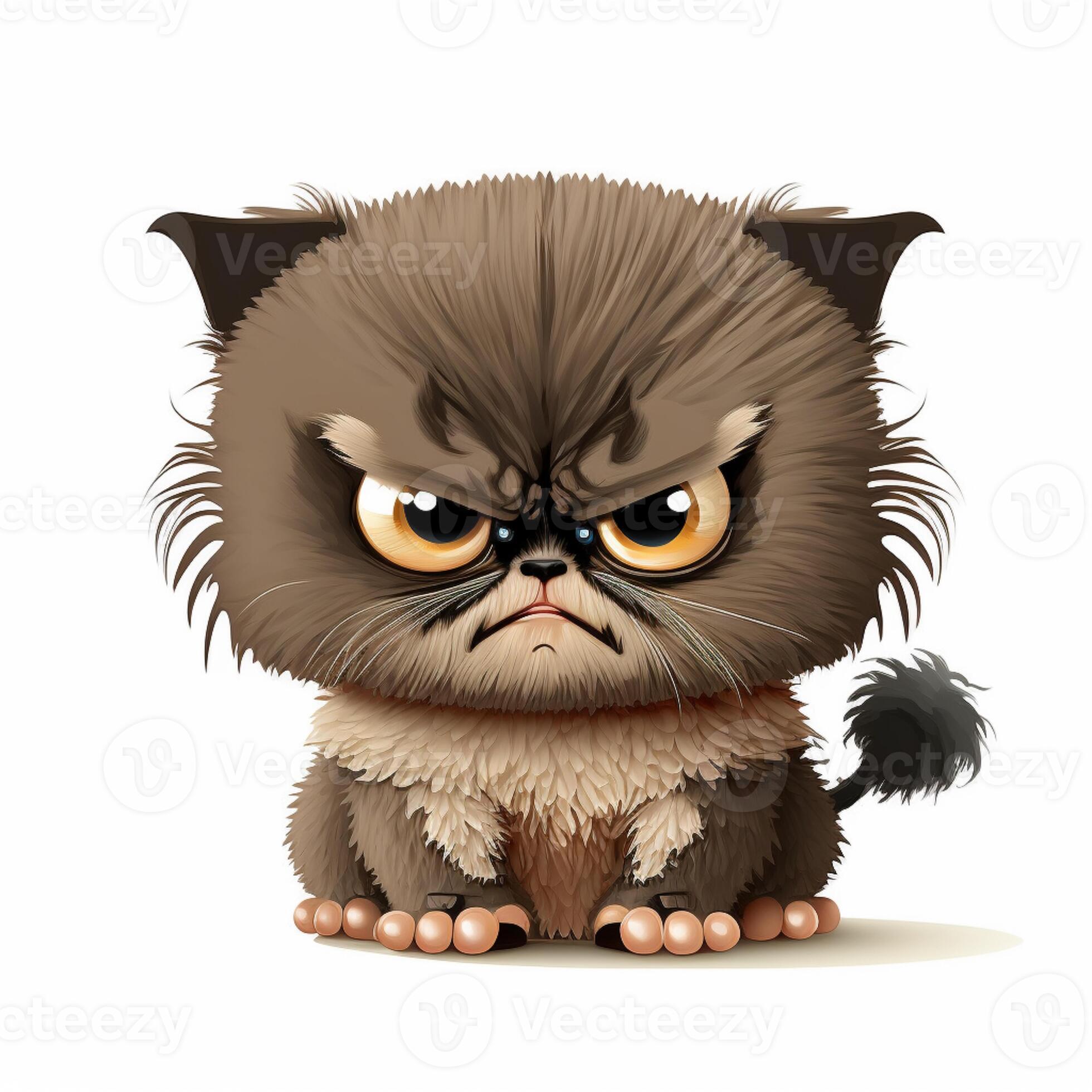 Angry furry cartoon cat. Cute grumpy cat for prints, design, cards