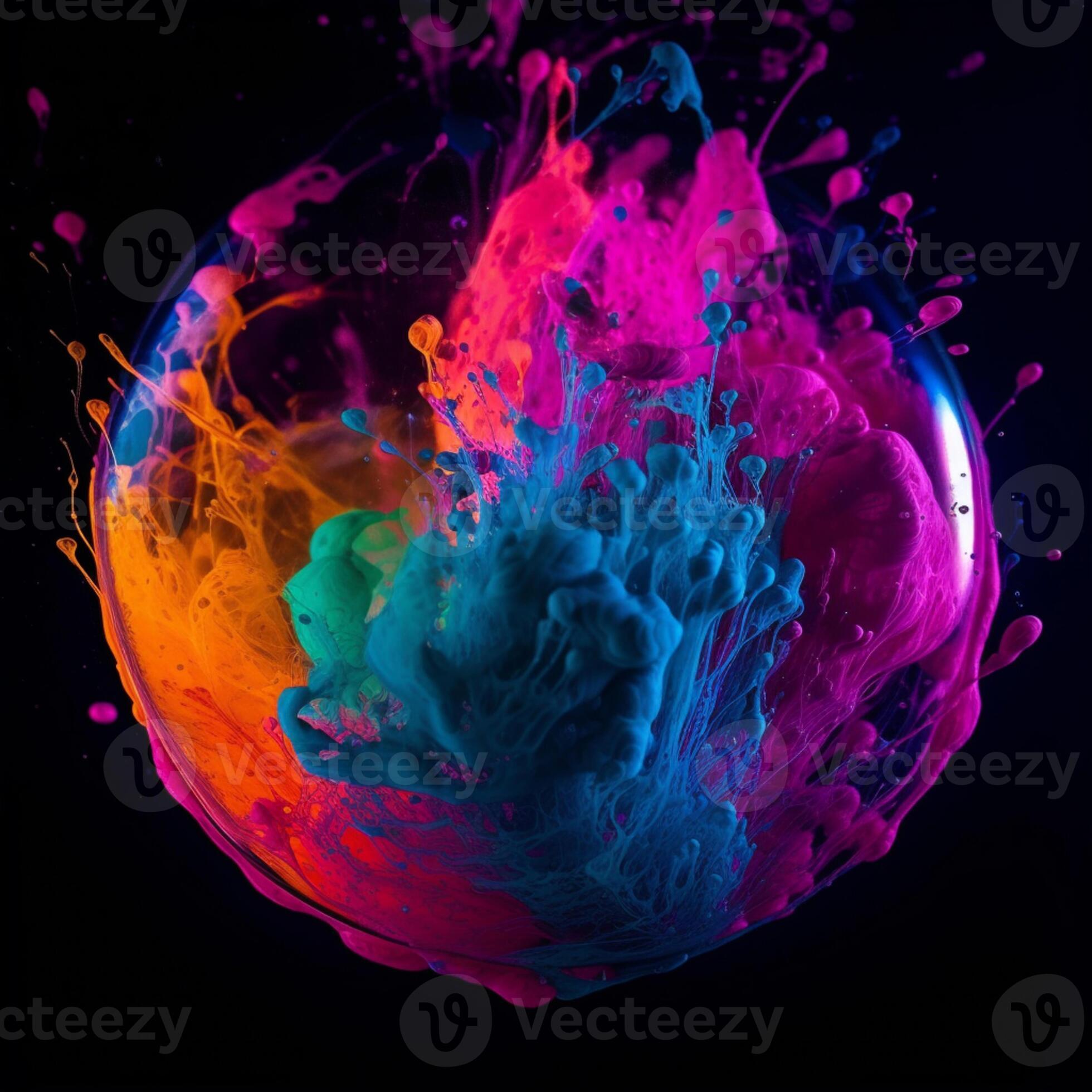 a close up of a colorful liquid ball with a black background