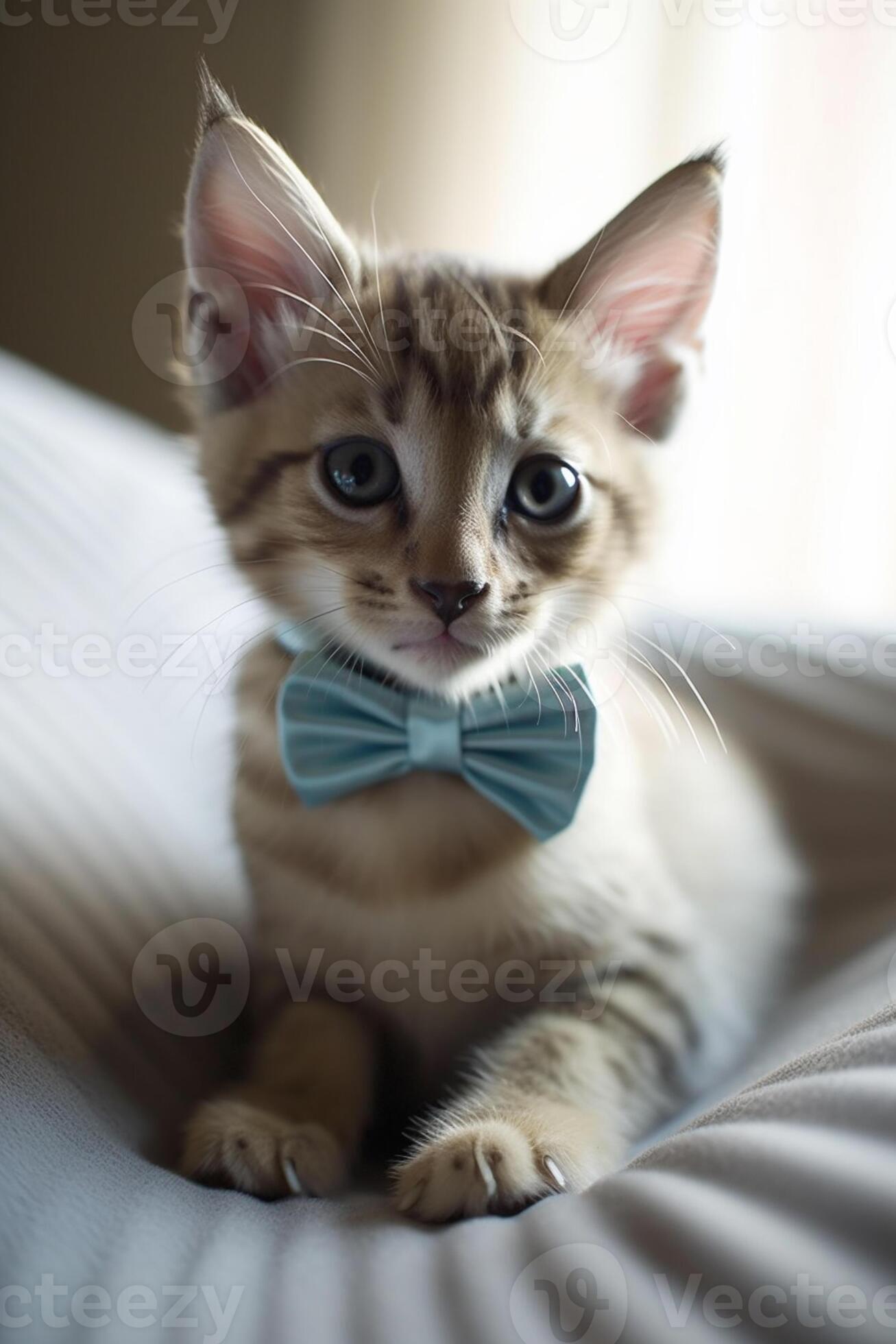 there is a small kitten with a bow tie on a bed. generative ai