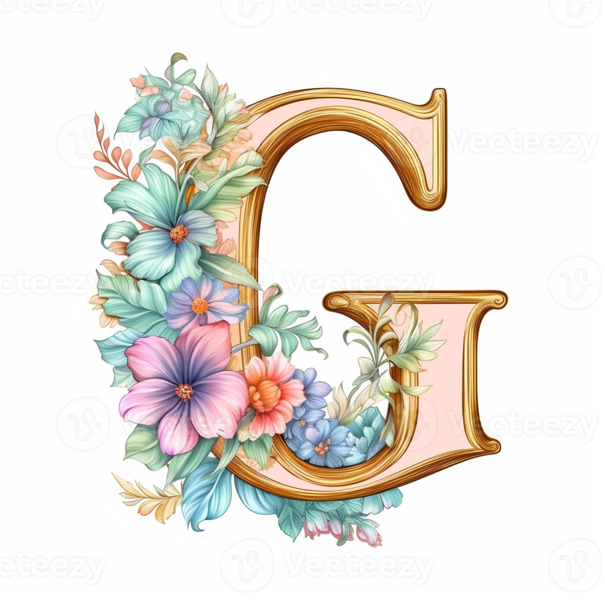 a close up of a floral letter g with flowers and leaves. generative ai