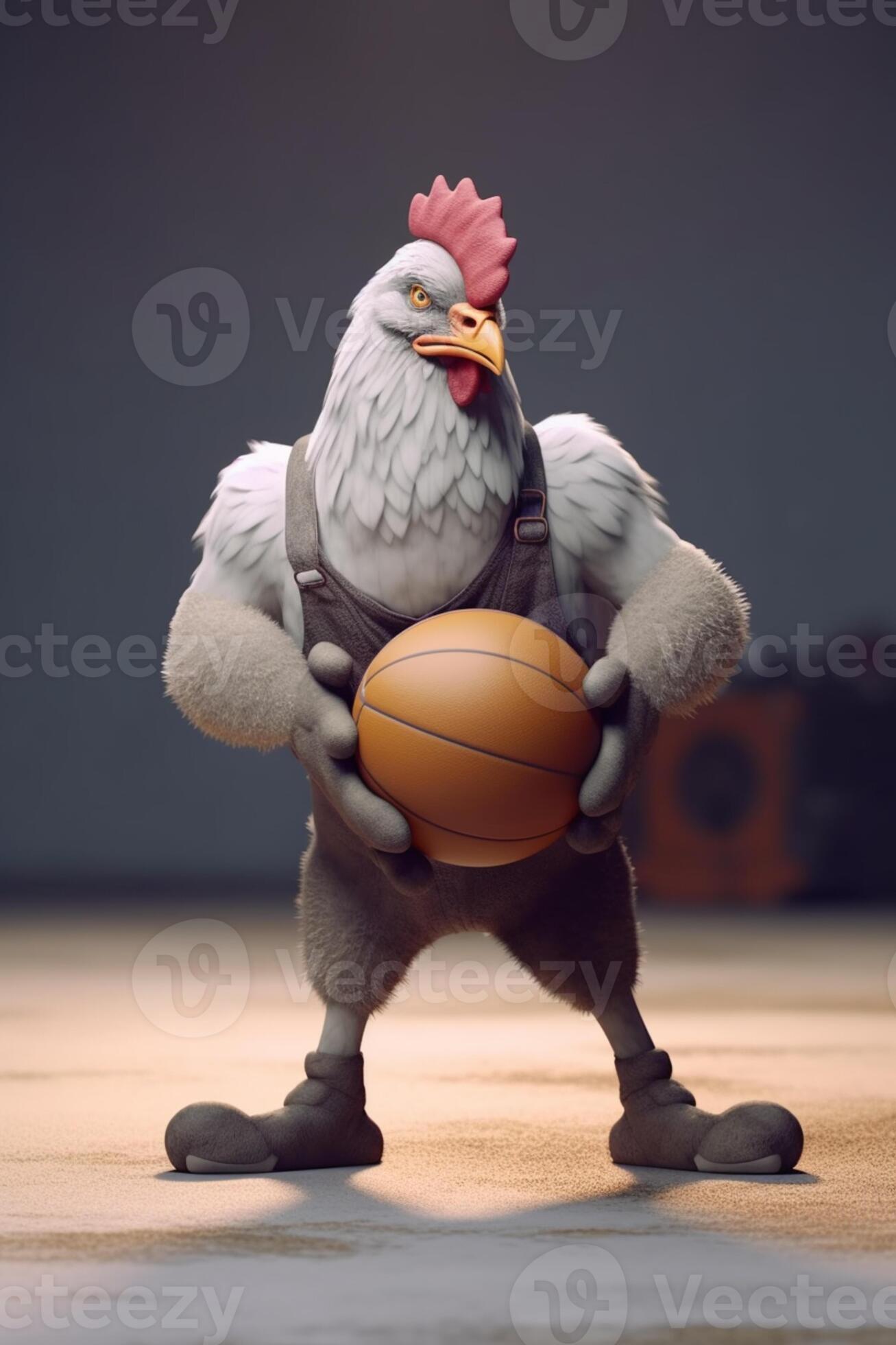there is a chicken that is holding a basketball in his hands