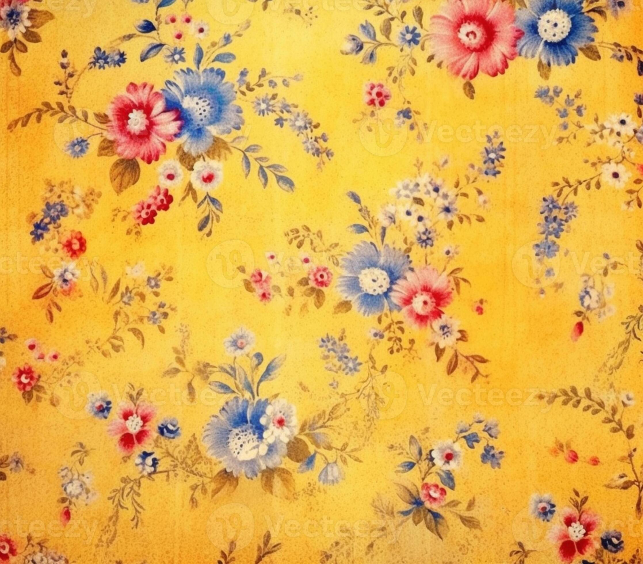 yellow floral fabric with blue and red flowers on it. generative ai
