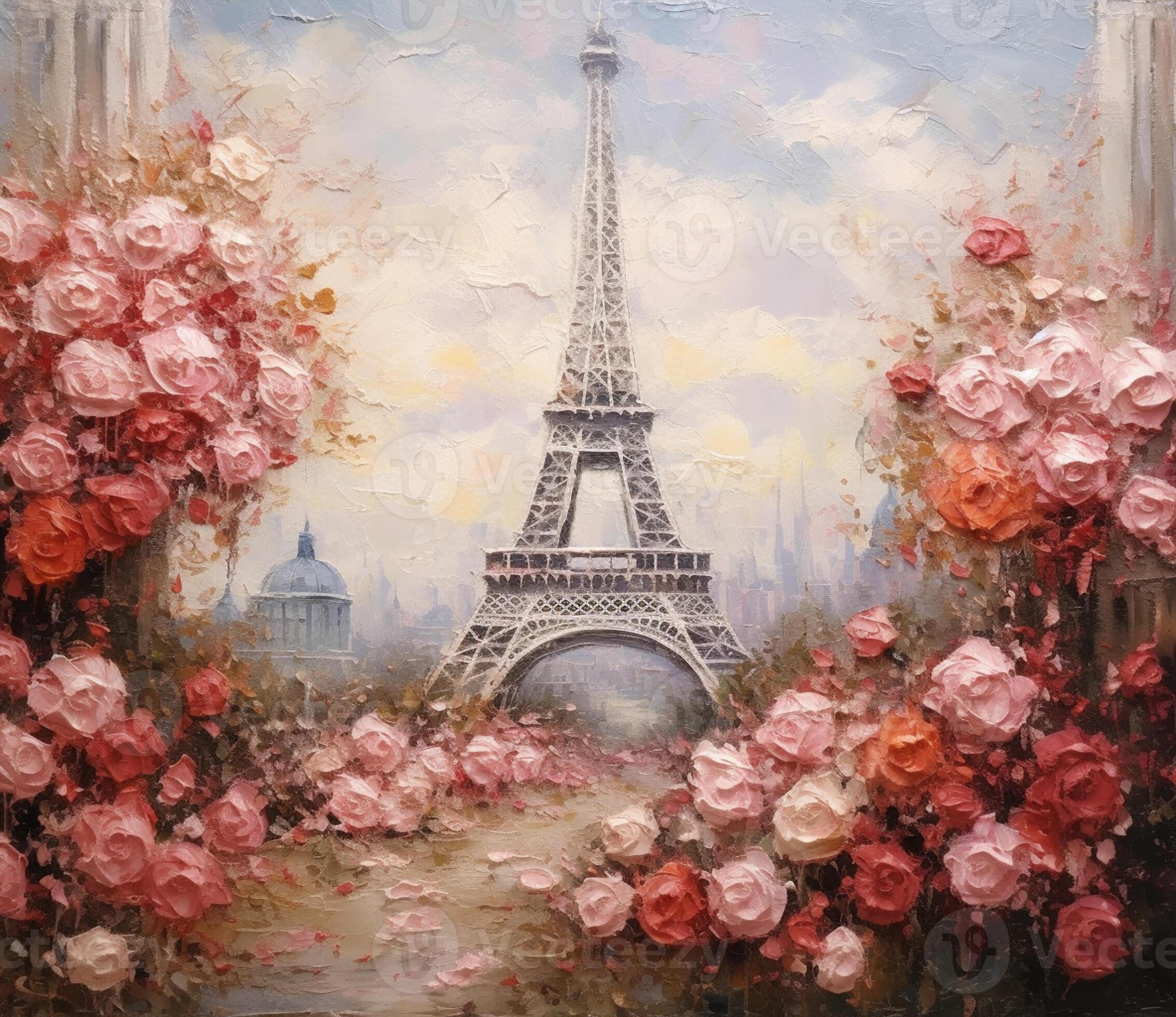 painting of a painting of a eiffel tower with pink flowers. generative