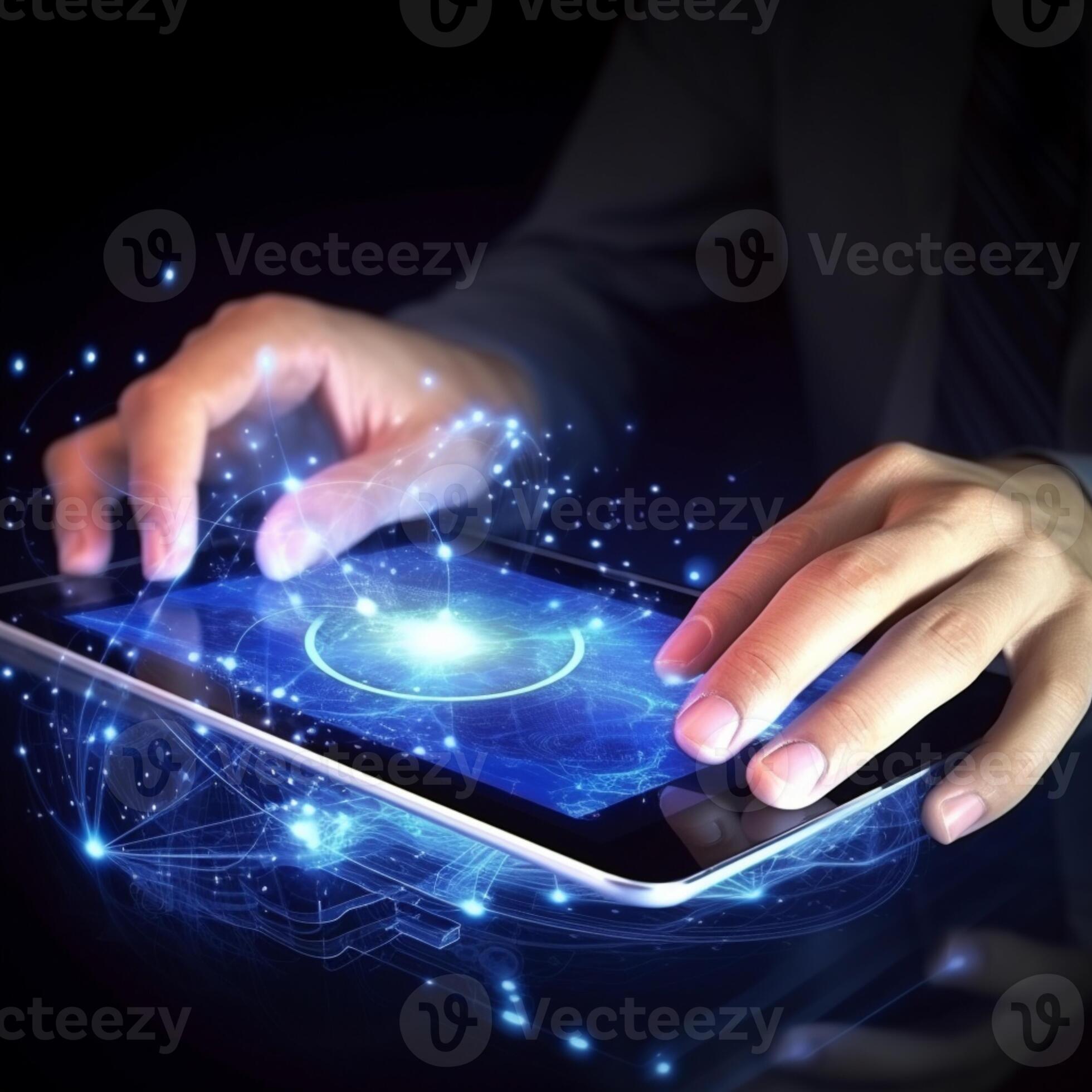 someone is using a tablet with a glowing blue screen. generative ai