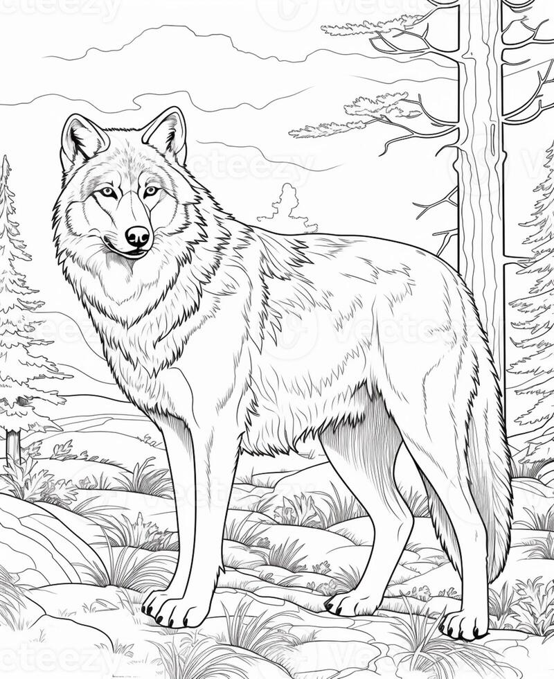 a coloring page of a wolf standing in the woods. generative ai ...