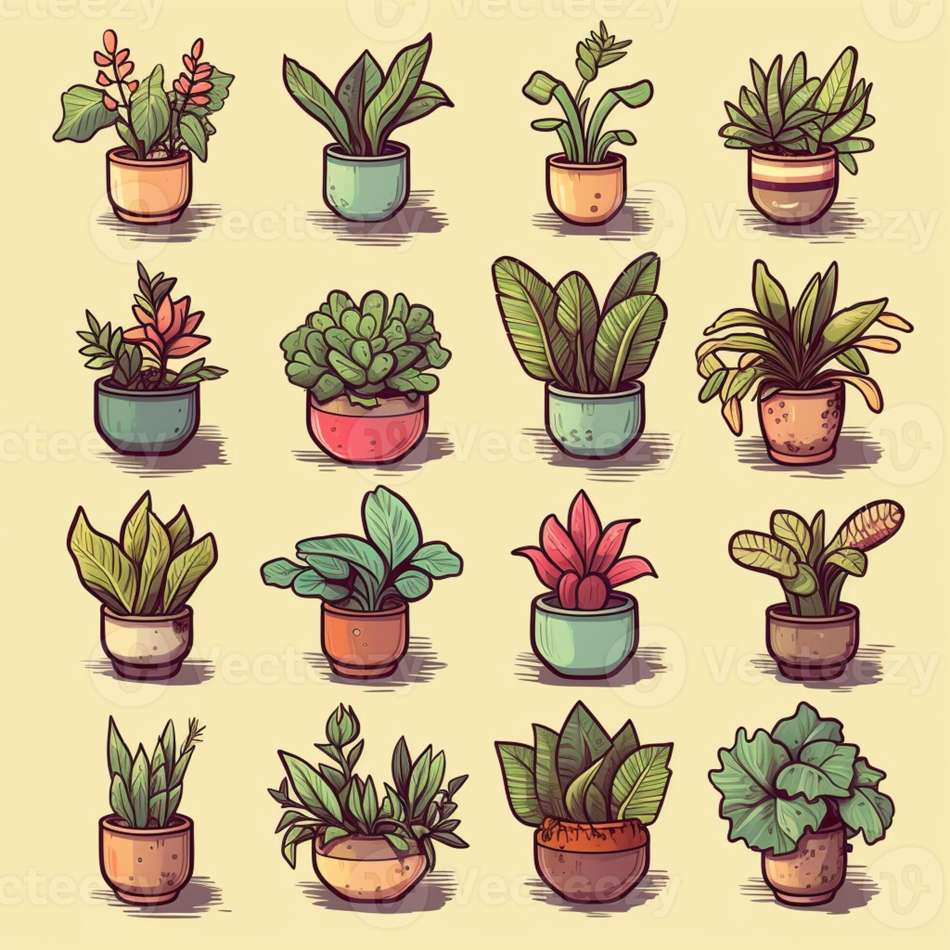 a set of nine different types of house plants in pots. generative ai
