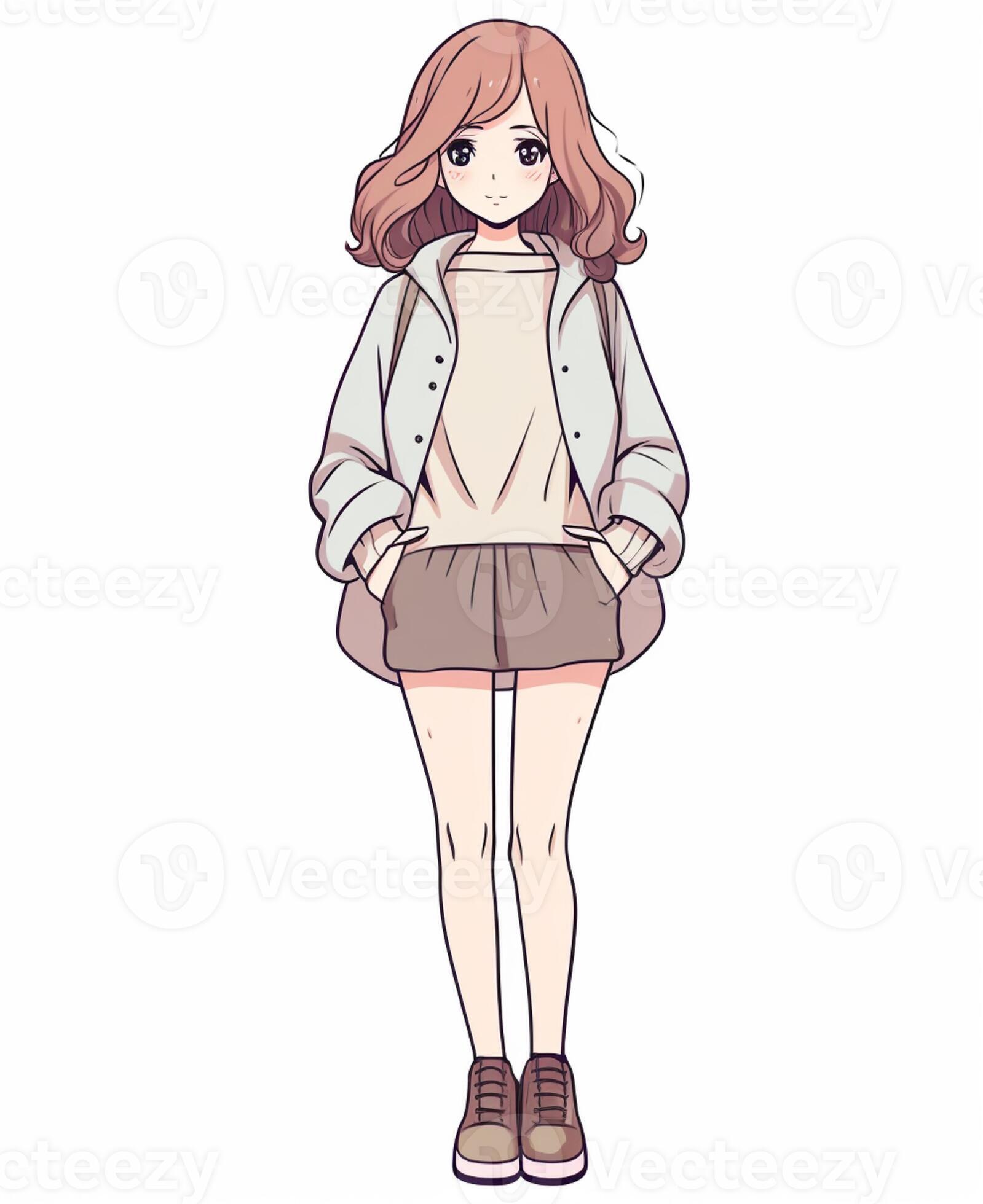 anime girl in short skirt and jacket standing with hands in pockets ...