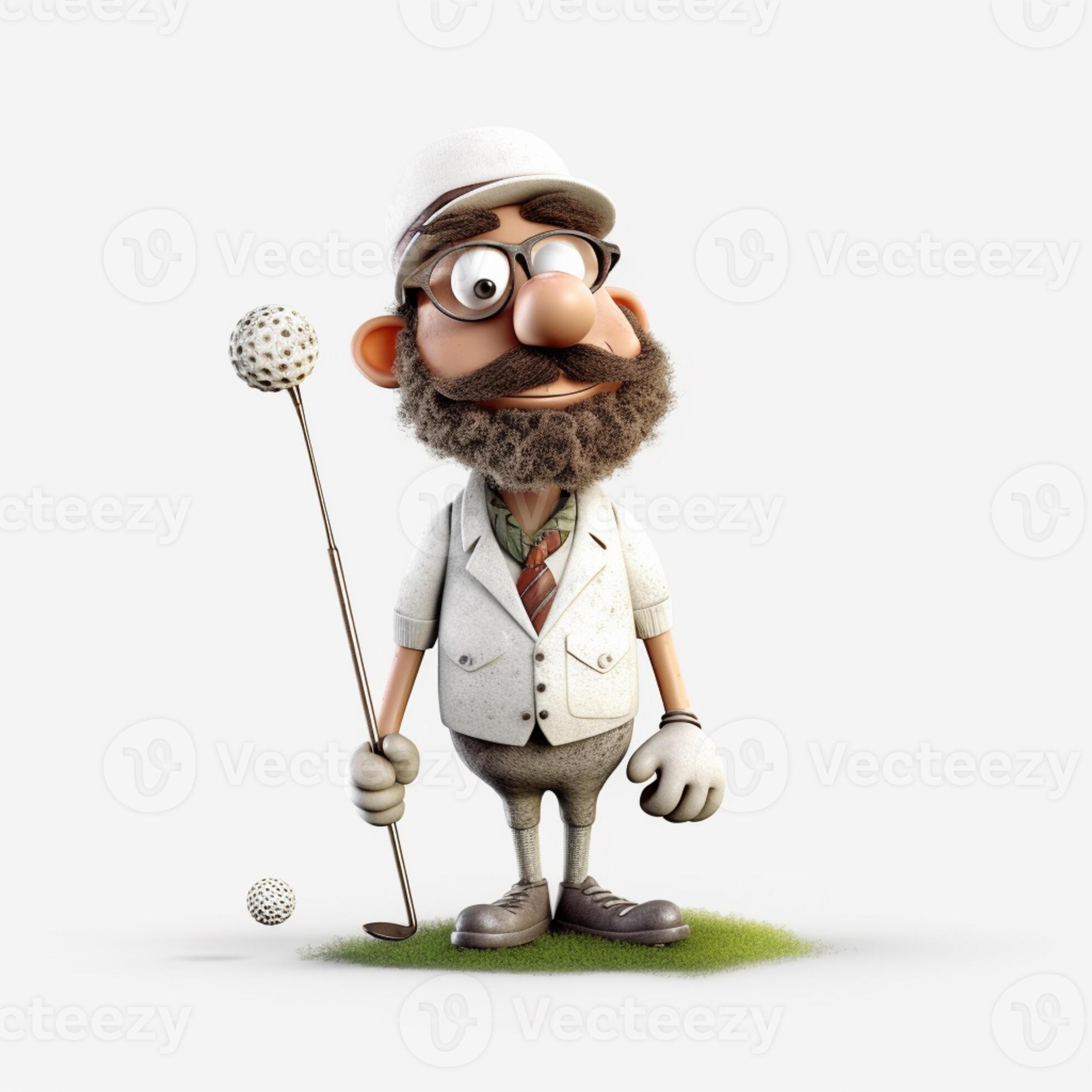 cartoon man with a beard and a golf club holding a golf ball