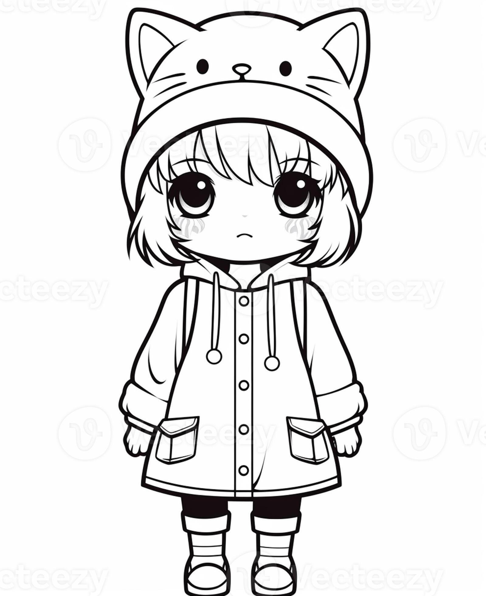 a cartoon cat girl in a raincoat and hat. generative ai. 28426602 Stock