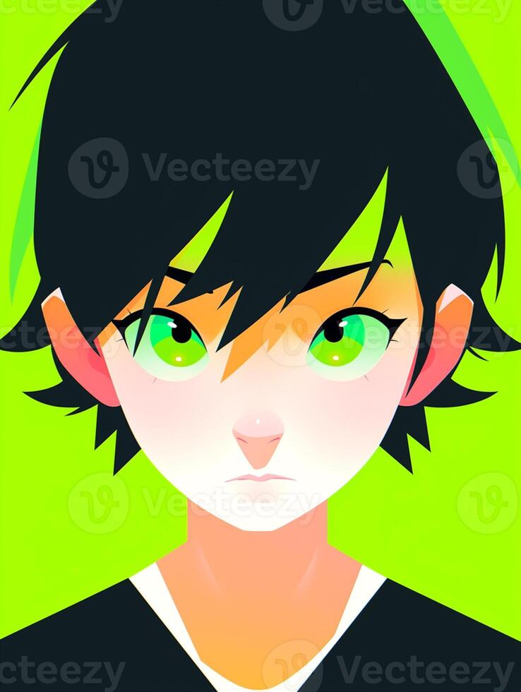 anime boy with green eyes and a tie in a forest. generative ai