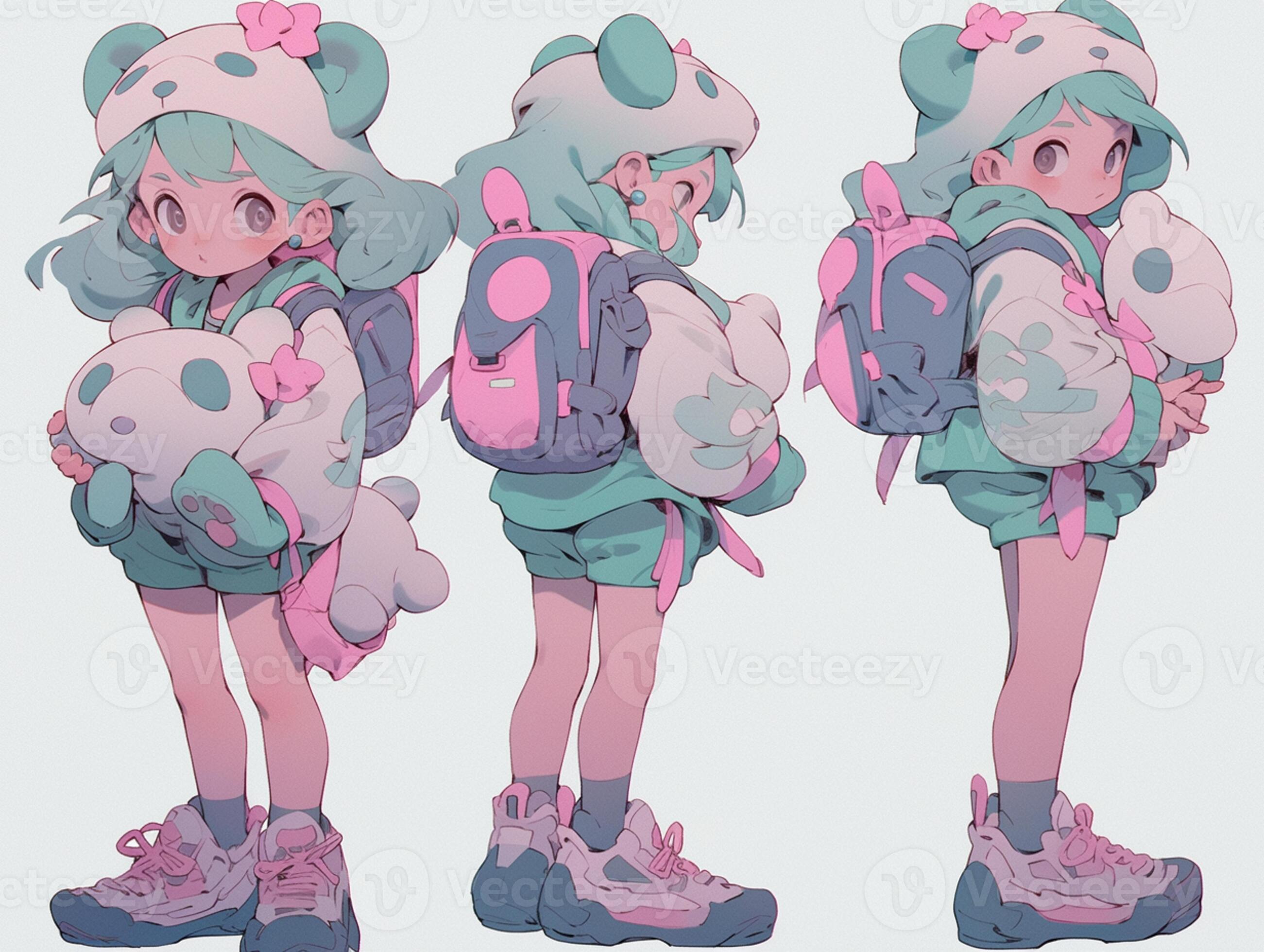 anime character with backpack and teddy bear in different poses