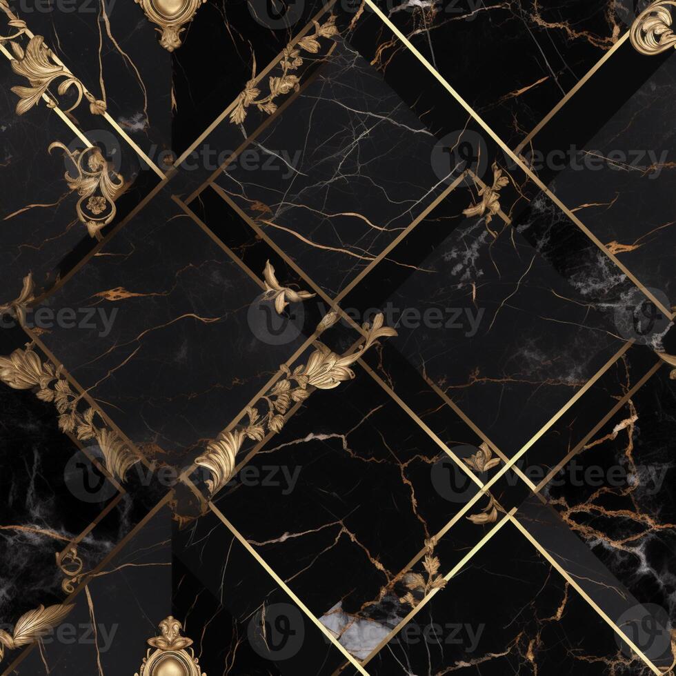 a close up of a black and gold marble tile with gold trim. generative