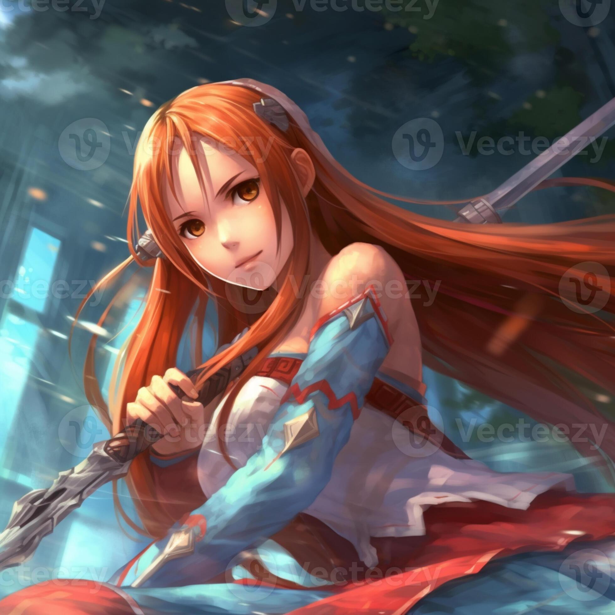 anime girl with sword and red hair