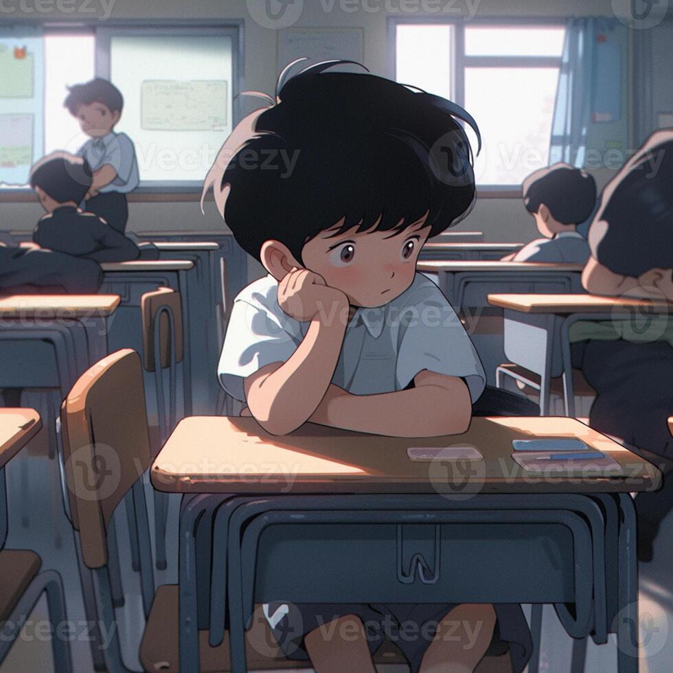 Premium AI Image  Anime classroom scene with children sitting at desks in  soft lighting and realistic 3D style