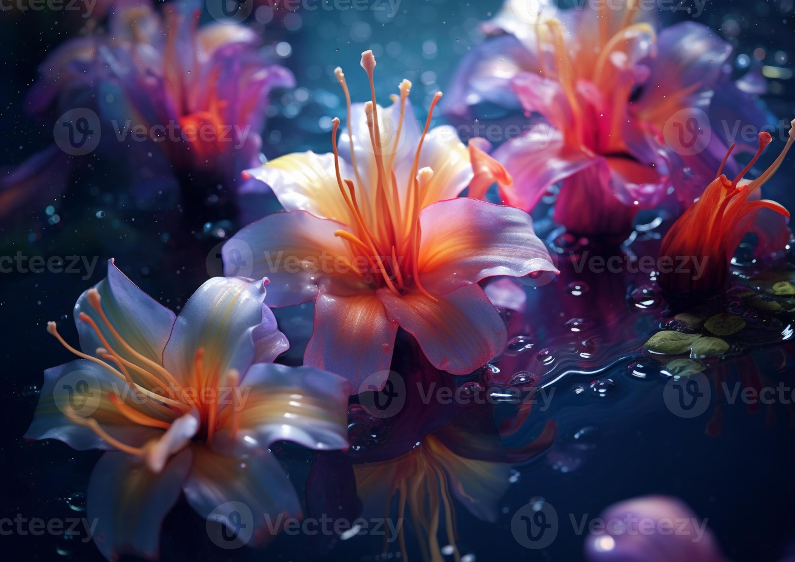flowers floating in a pool of water with water droplets. generative ai