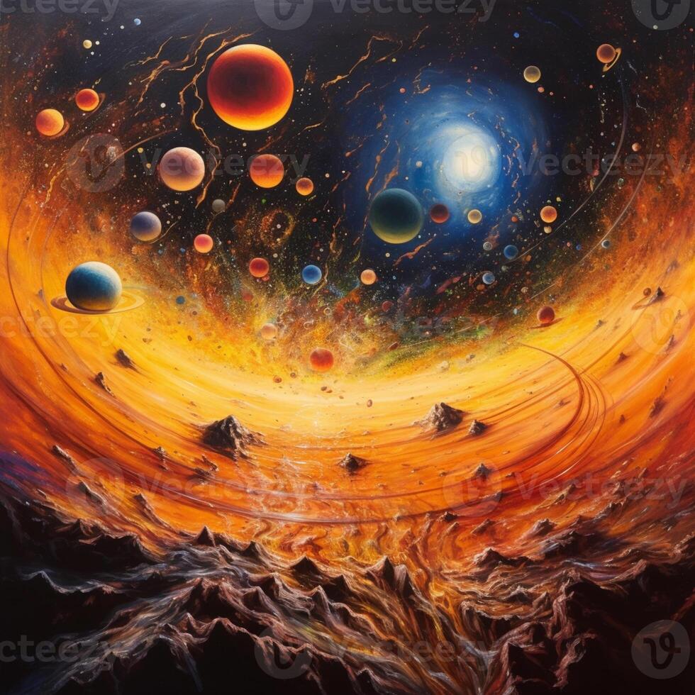 painting of a painting of planets and a spiral of fire. generative ai ...