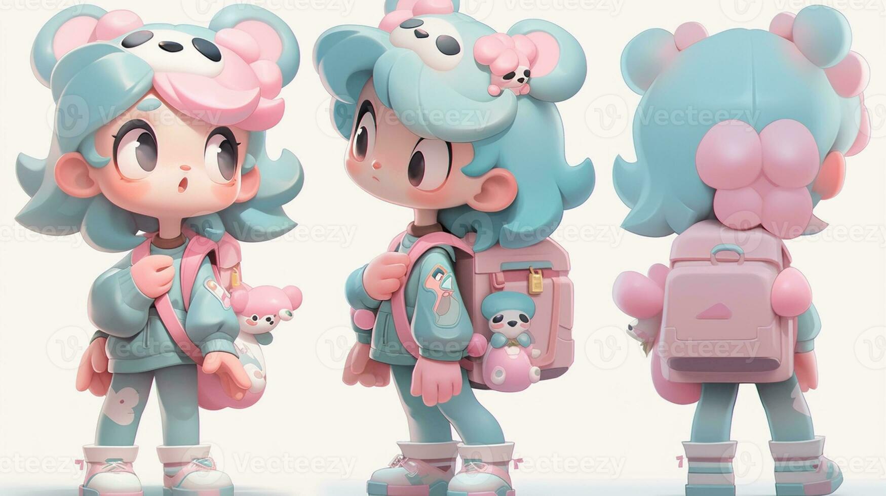 anime character with backpack and teddy bear in different poses