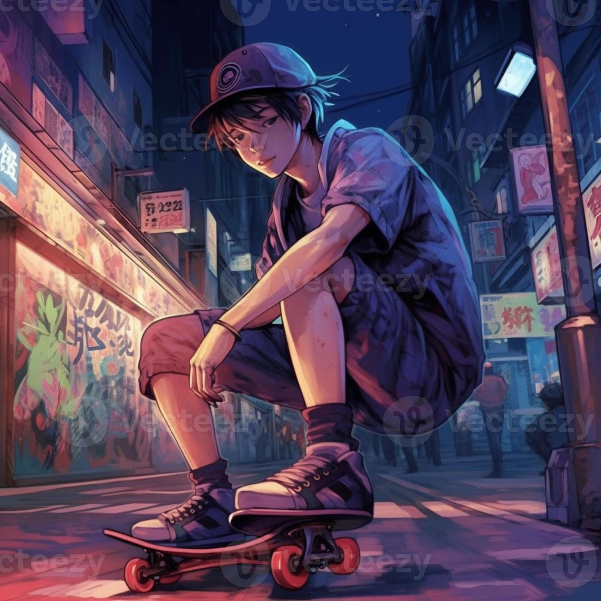 Premium AI Image  anime boy on skateboard in the air with a rainbow swirl  in the background generative ai