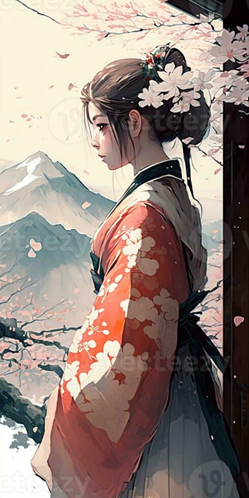 anime girl in kimono outfit looking out of window with cherry blossoms ...