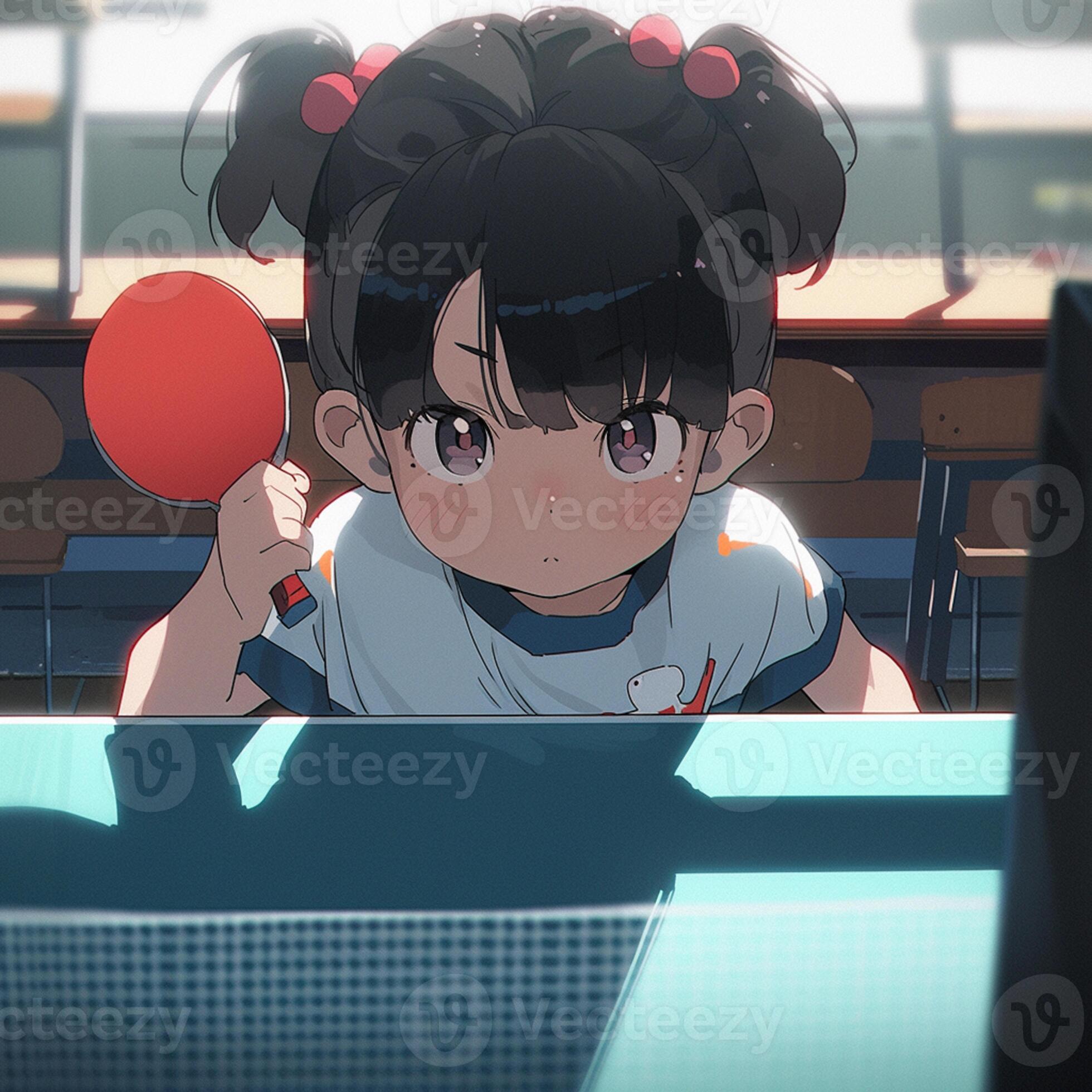 anime girl holding a ping pong paddle in front of a table