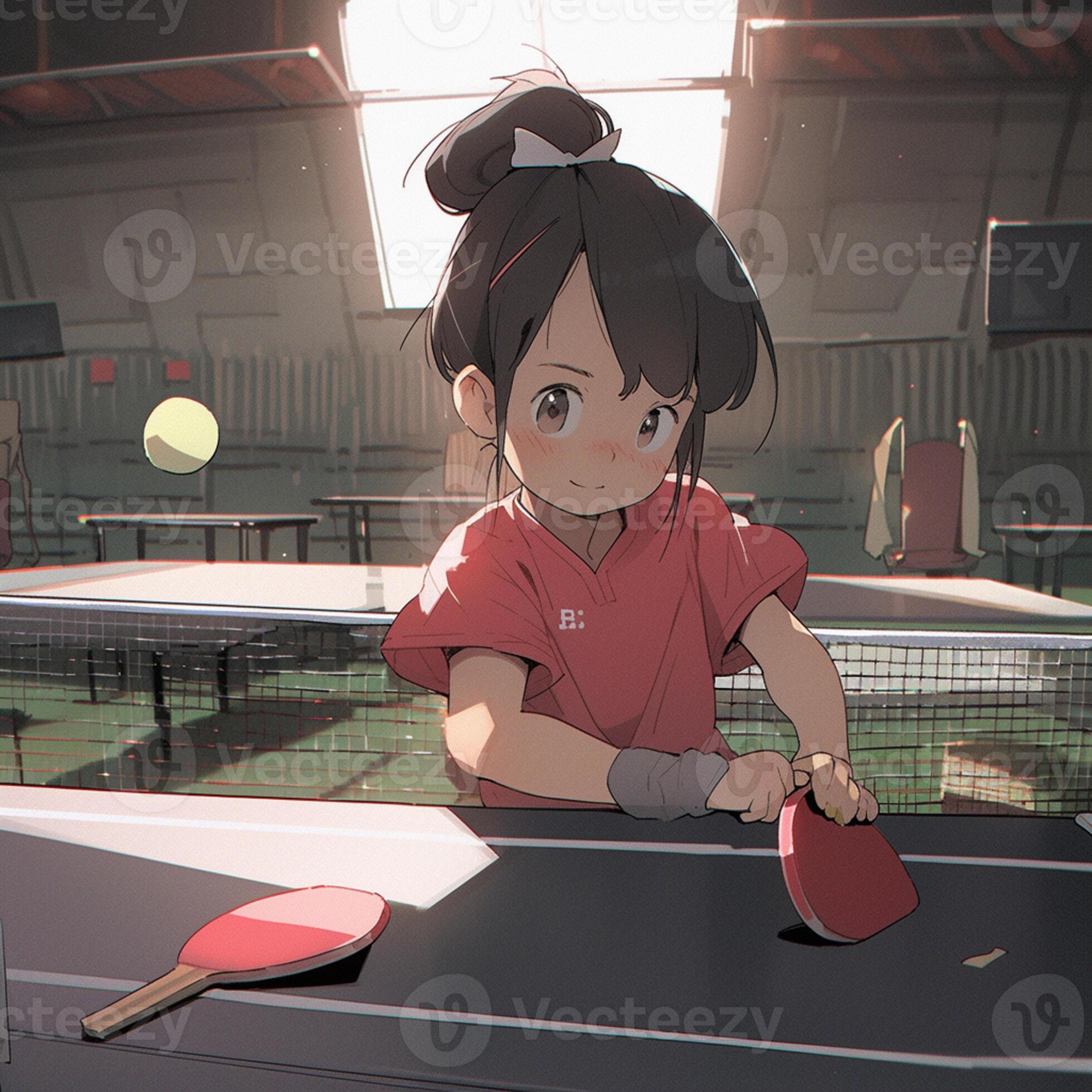 anime girl playing ping pong in a ping pong court. generative ai