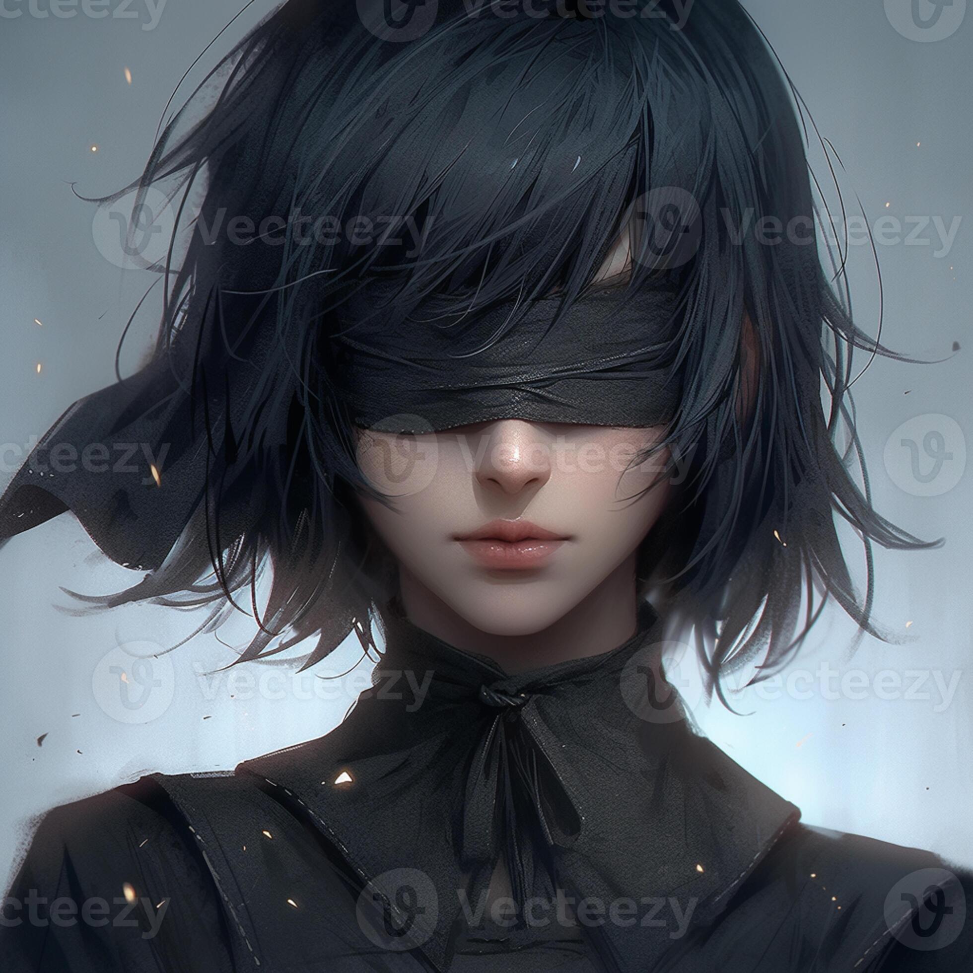 anime girl with blindfolded eyes and black hair in a dark room. generative  ai. 28436335 Stock Photo at Vecteezy